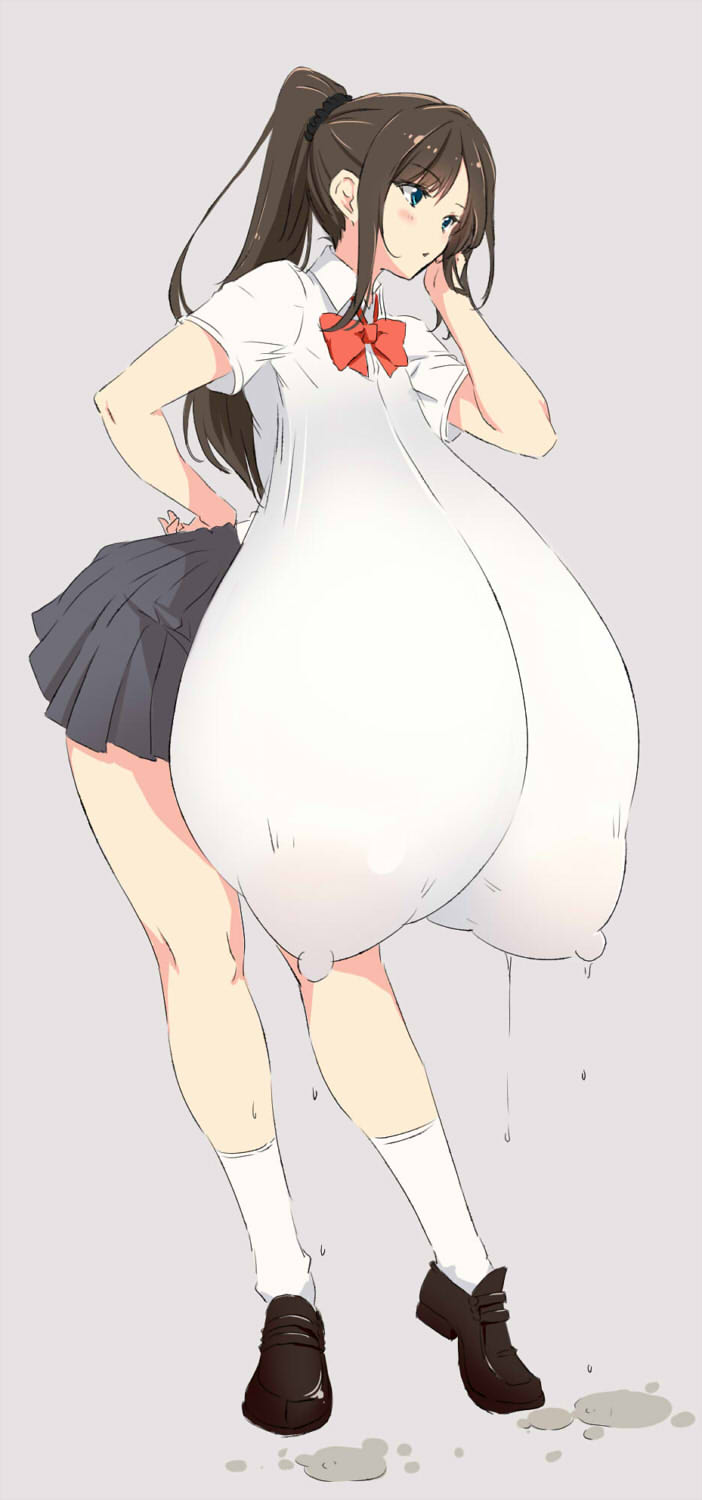 bent over, blue eyes, bowtie, breasts, brown hair, female, full body, fully clothed, gigantic breasts, hands on head, hands on hips, hyper breasts, lactation, lactation through clothes, nipple bulge, ponytail, sagging breasts, school uniform, schoolgirl, student