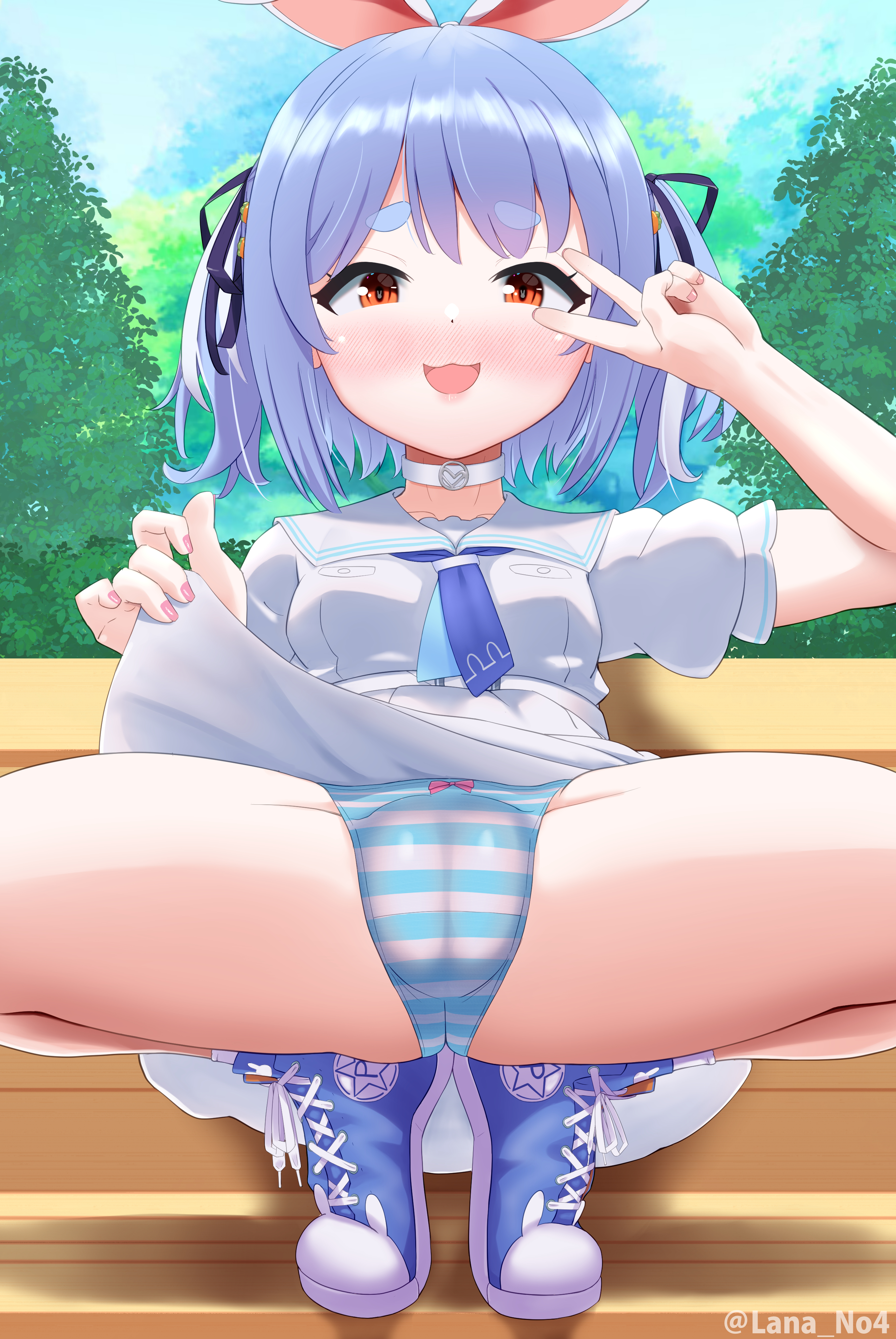 absurdres, blue hair, blush, cameltoe, choker, cleft of venus, clothes lift, converse, dress, dress lift, female, hair ribbon, highres, hololive, hololive fantasy, hololive japan, lanano, panties, pussy, rabbit ears, rabbit girl, ribbon, sailor dress, shoes, sneakers, striped, striped panties, underwear, usada pekora, virtual youtuber
