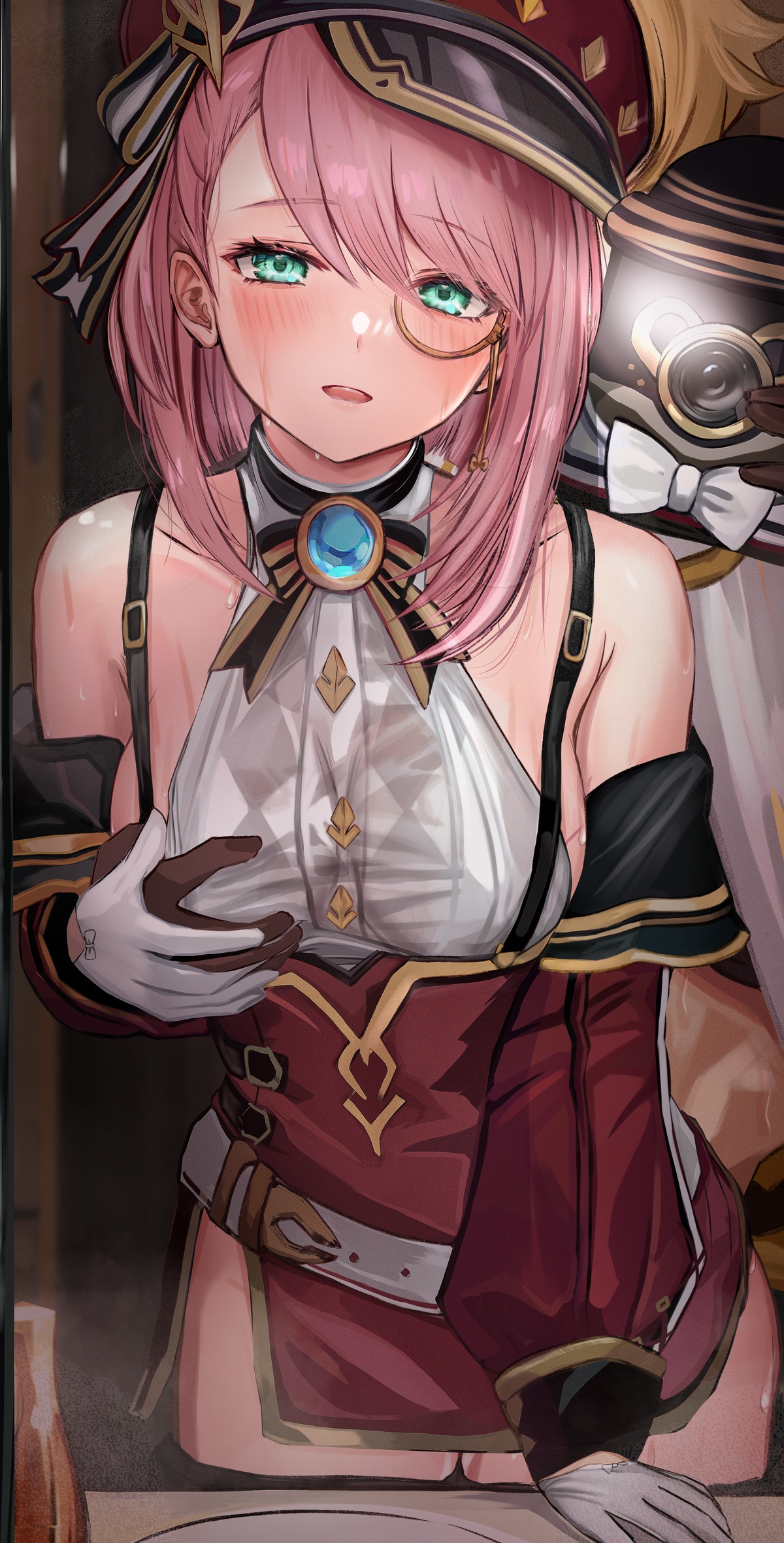 1boy, 1girls, aether (genshin impact), charlotte (genshin impact), color, efuri (riarea00), female, from behind, genshin impact, groping, male, mirror, pleasure face, sex, straight, tagme