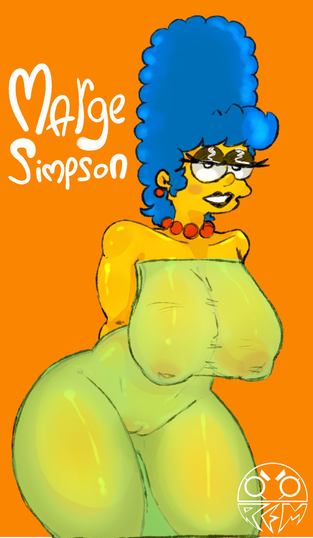 1girls, big breasts, black lipstick, blue hair, breasts, curvy, dress, eyes half open, female, green dress, huge breasts, lipstick, makeup, marge simpson, naked under clothes, nipple bulge, nipples, nipples visible through clothing, pearl necklace, pussy, remiman, seductive look, the simpsons, thick thighs, transparent clothing, visible pussy, voluptuous, wide hips, yellow body, yellow skin