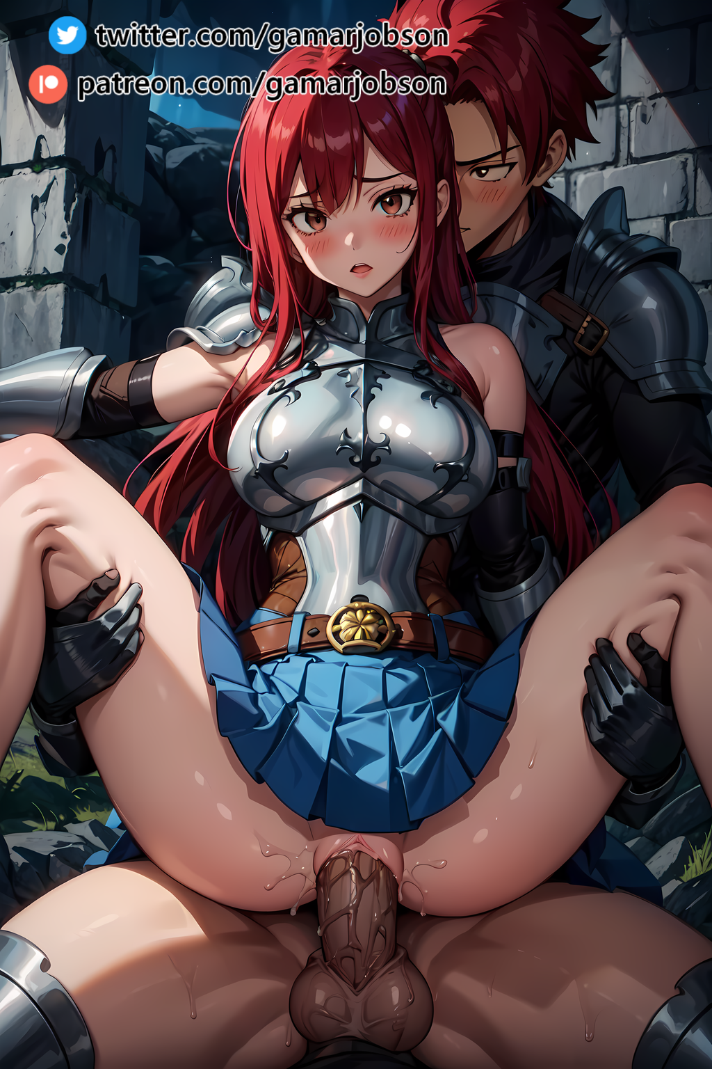 ai_generated armor armored_dress armored_female blush bodsur dripping_pussy erza_scarlet fairy_tail gamarjobson red_hair sex spread_legs vaginal_penetration