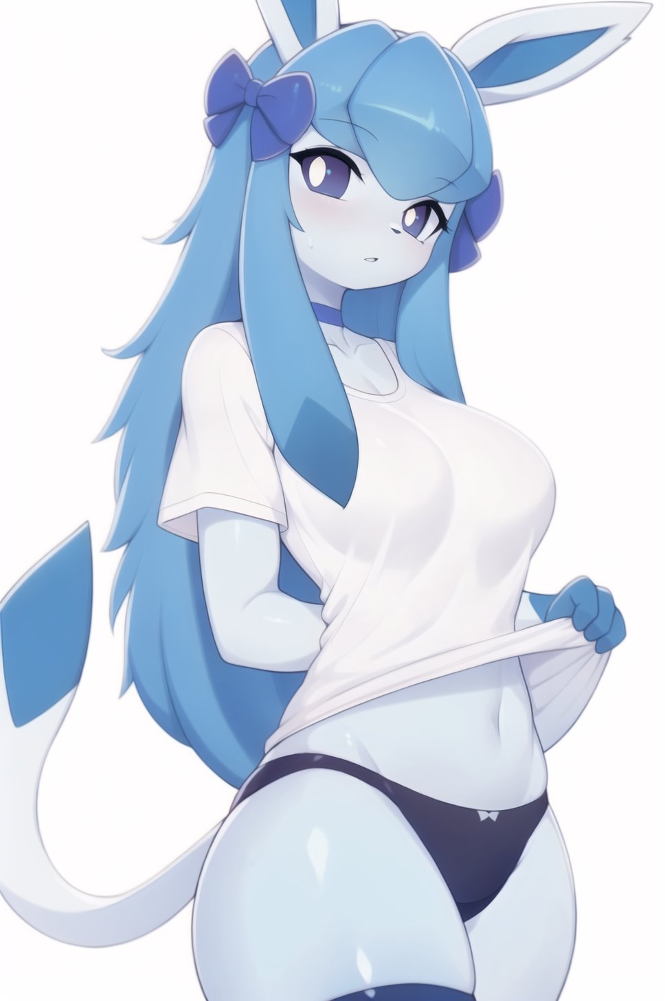 ai_generated anthro blue_body blue_eyes clothing cute eeveelution game_freak glaceon gym nintendo panties pokémon_(species) pokemon pokemon_dppt ribbons ribbons_in_hair solo sywu02