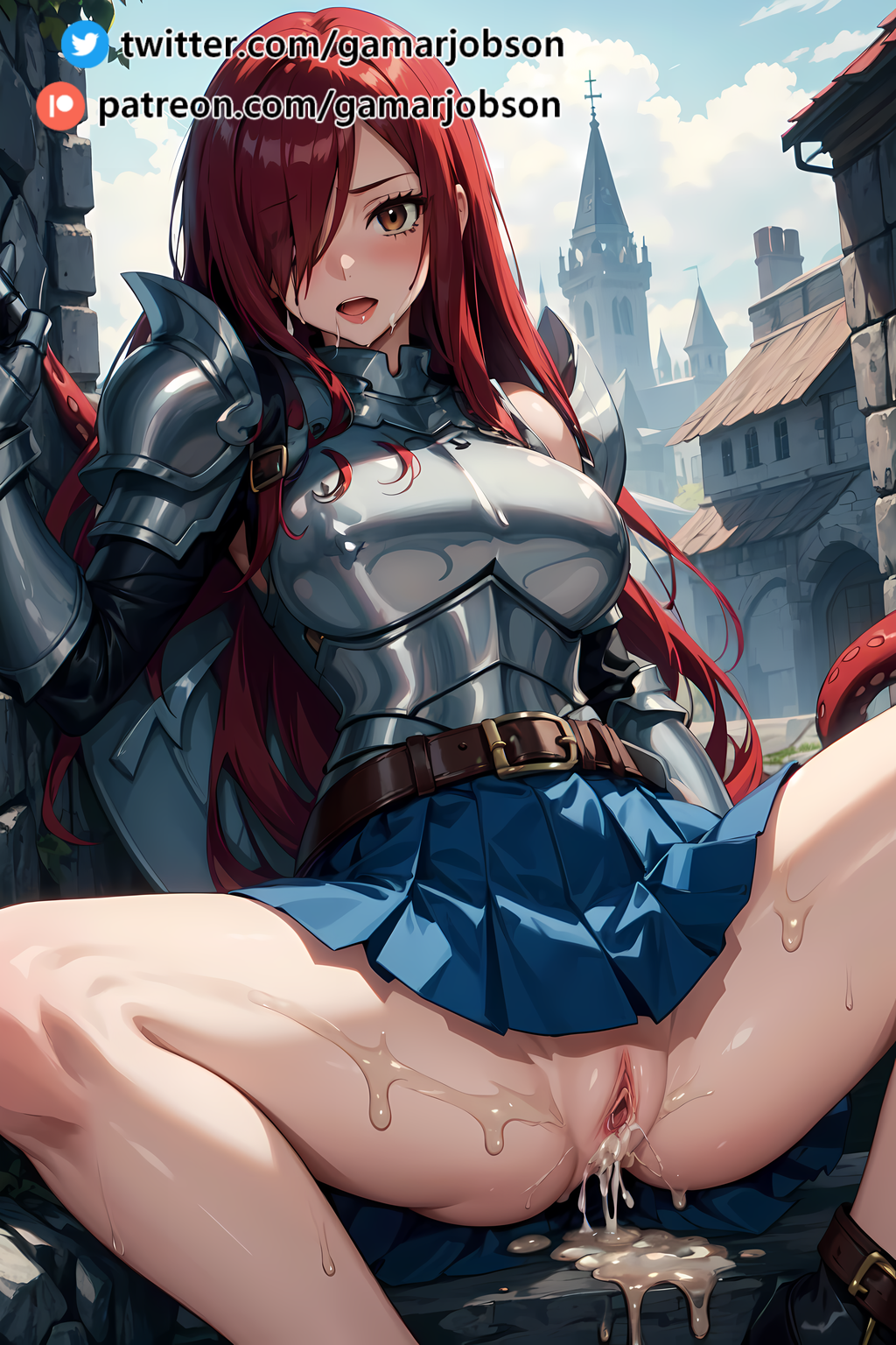 after_sex ai_generated armor armored_dress armored_female dripping dripping_cum erza_scarlet fairy_tail gamarjobson red_hair spread_legs used