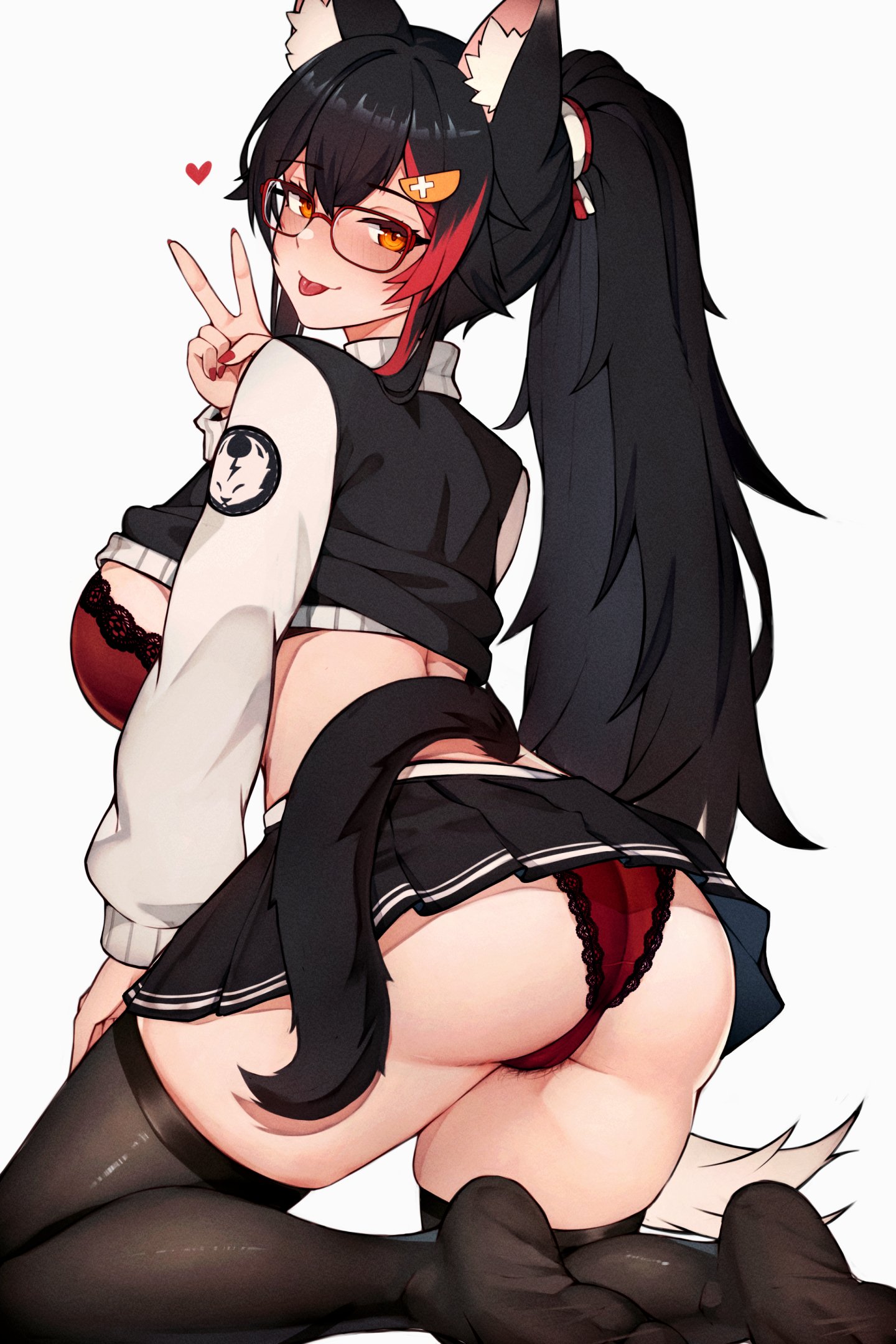 :p, 1girls, 2d, animal ear fluff, animal ears, arms, ass, back view, big boobs, big breasts, black hair, black legwear, black thighhighs, blush, boobs, bra, breasts, clothed, clothing, covered breasts, covered nipples, digital drawing (artwork), feet, female, female focus, female only, fingers, fully clothed, glasses, hair, hair between eyes, hands, hands-free, highres, hips, hololive, hololive gamers, hololive japan, image, kneeling, lace trim, lace-trimmed panties, large breasts, legs, legs apart, lingerie, long hair, looking at viewer, matching underwear, multicolored hair, ookami mio, open eyes, panties, red bra, red hair, red panties, shirt lift, short skirt, shoulders, skirt, smile, sole female, soles, solo, spread legs, stockings, streaked hair, tail, thighhighs, thighs, tongue, tongue out, two-tone hair, underwear, upskirt, variant set, varniskarnis, virtual youtuber, waist, wolf ears, wolf girl, wolf tail, yellow eyes