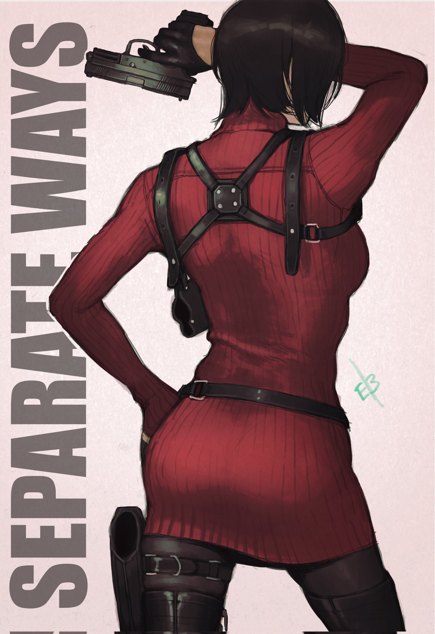 1girls, ada wong, ada wong (adriana), belt, black footwear, black gloves, black hair, black thighhighs, boots, buckle, commentary, english commentary, english text, ericson blum, female, female only, from behind, fully clothed, gloves, gun, half gloves, hand on own hip, high res, holding, holding gun, holding weapon, holster, long sleeves, red sweater, resident evil, resident evil 4, resident evil 4 remake, short hair, skindentation, solo, stockings, sweater, sweater dress, thigh boots, thigh high boots, thigh holster, trigger discipline, turtleneck, turtleneck sweater, weapon