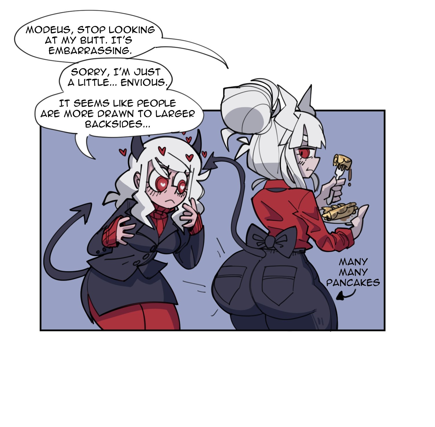 2demons, 2girls, ass, ass awe, ass envy, ass expansion, ass focus, ass size talk, big ass, breasts, comic, demon, demon girl, demon horns, demon tail, dotodonoto, embarrassed, female, helltaker, huge ass, lesbian, long hair, lucifer (helltaker), modeus (helltaker), multiple females, multiple girls, pancake, pants, red eyes, short hair, size talk, text, text bubble, weight gain, white hair, yuri