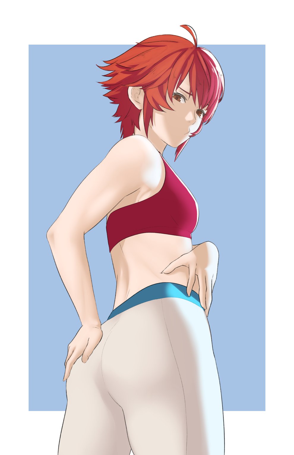 1girls ass big_ass breasts commentary contemporary english_commentary female female_only fire_emblem fire_emblem_fates hand_on_own_hip highres hinoka_(fire_emblem) looking_at_viewer looking_back nintendo orange_eyes pants pomelomelon red_hair red_sports_bra short_hair small_breasts solo sports_bra tank_top very_short_hair white_pants yoga_pants