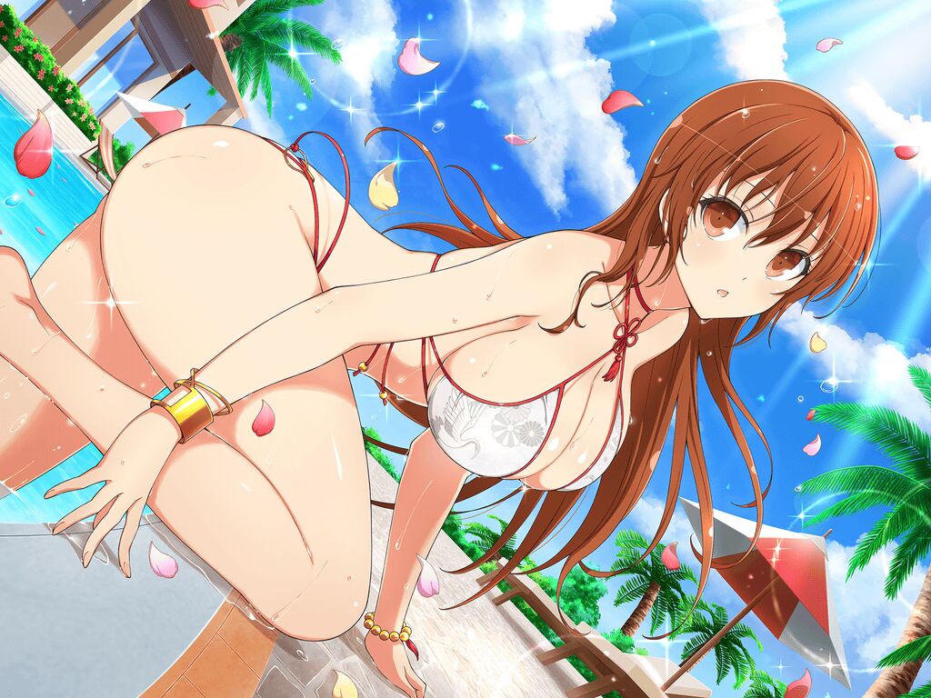 1girls, ass visible through thighs, bare arms, bare back, bare belly, bare legs, bare shoulders, bare thighs, beads, big breasts, bikini, blush, body blush, bracelet, breasts, brown eyes, brown hair, chinese knot, choker, cleavage, collarbone, crossover, dead or alive, feet out of frame, female, female only, getting out of pool, hazel eyes, kasumi (doa), long hair, official art, open mouth, petals, pool, poolside, senran kagura new link, shiny skin, solo, thighs, voluptuous, water, water drop, wet body, wet hair, white bikini, yaegashi nan