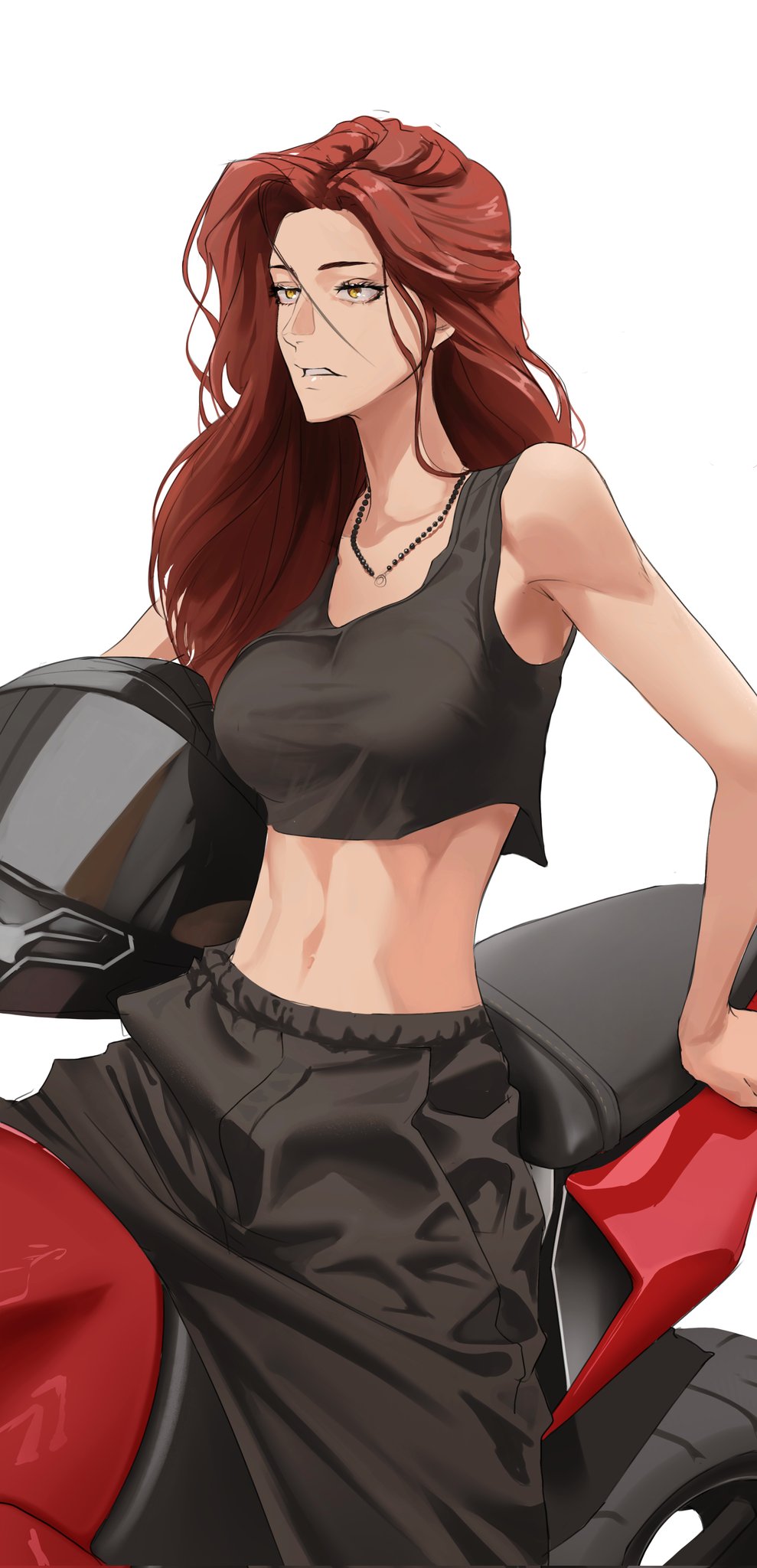 1girls belly belly_button bike female helmet long_hair motorcycle red_hair sportswear tbocart