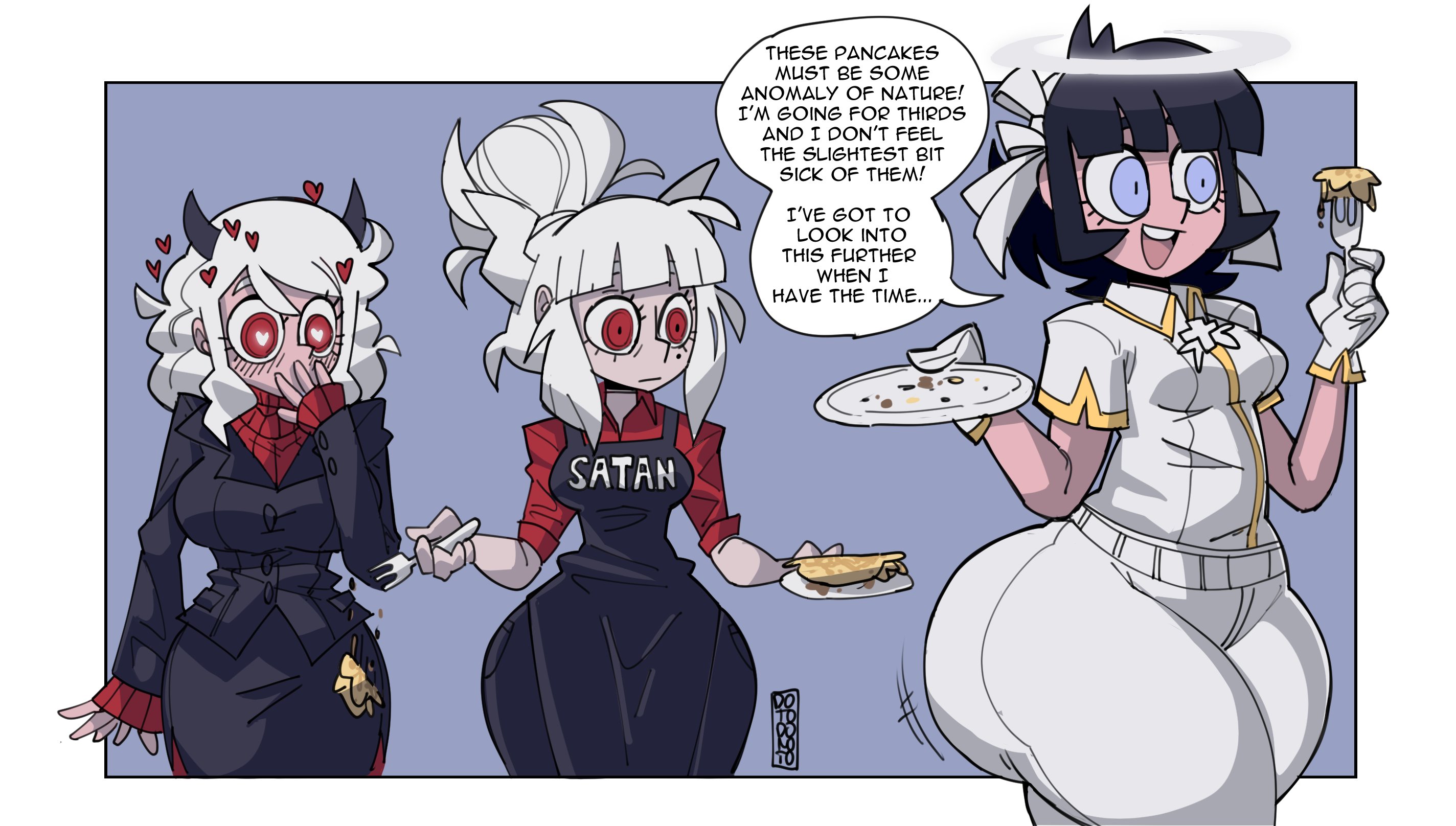 2demons, 3girls, angel, ass, ass awe, ass envy, ass expansion, azazel (helltaker), big ass, bottom heavy, breasts, comic, demon, demon girl, demon horns, demon tail, dotodonoto, fat ass, female, helltaker, huge ass, jealous, jealousy, lesbian, long hair, lucifer (helltaker), modeus (helltaker), multiple females, multiple girls, pancake, pants, red eyes, short hair, text, text bubble, thick thighs, weight gain, white hair, yuri