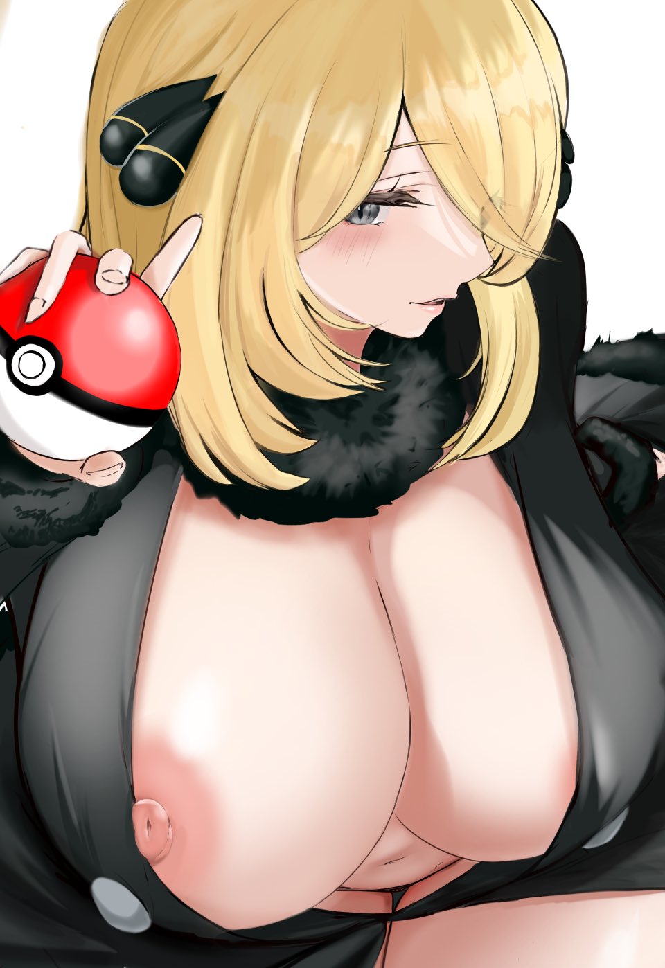 1girls atsugi111 blonde_hair breasts creatures_(company) cynthia_(pokemon) downblouse extended_downblouse female fur_collar game_freak grey_eyes highres huge_breasts index_finger_raised navel nintendo nipple_slip nipples poke_ball pokemon pokemon_dppt solo