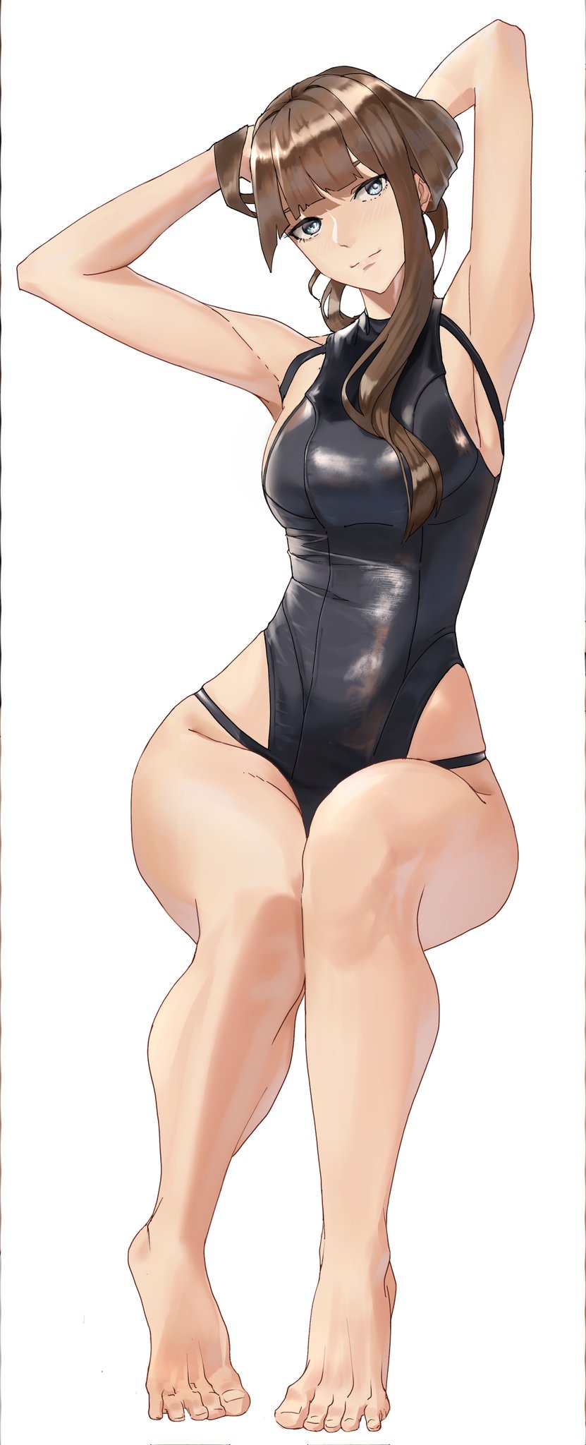 barefoot big_hips bob_cut brown_hair feet large_hips one_piece_swimsuit swimsuit tbocart wide_hips