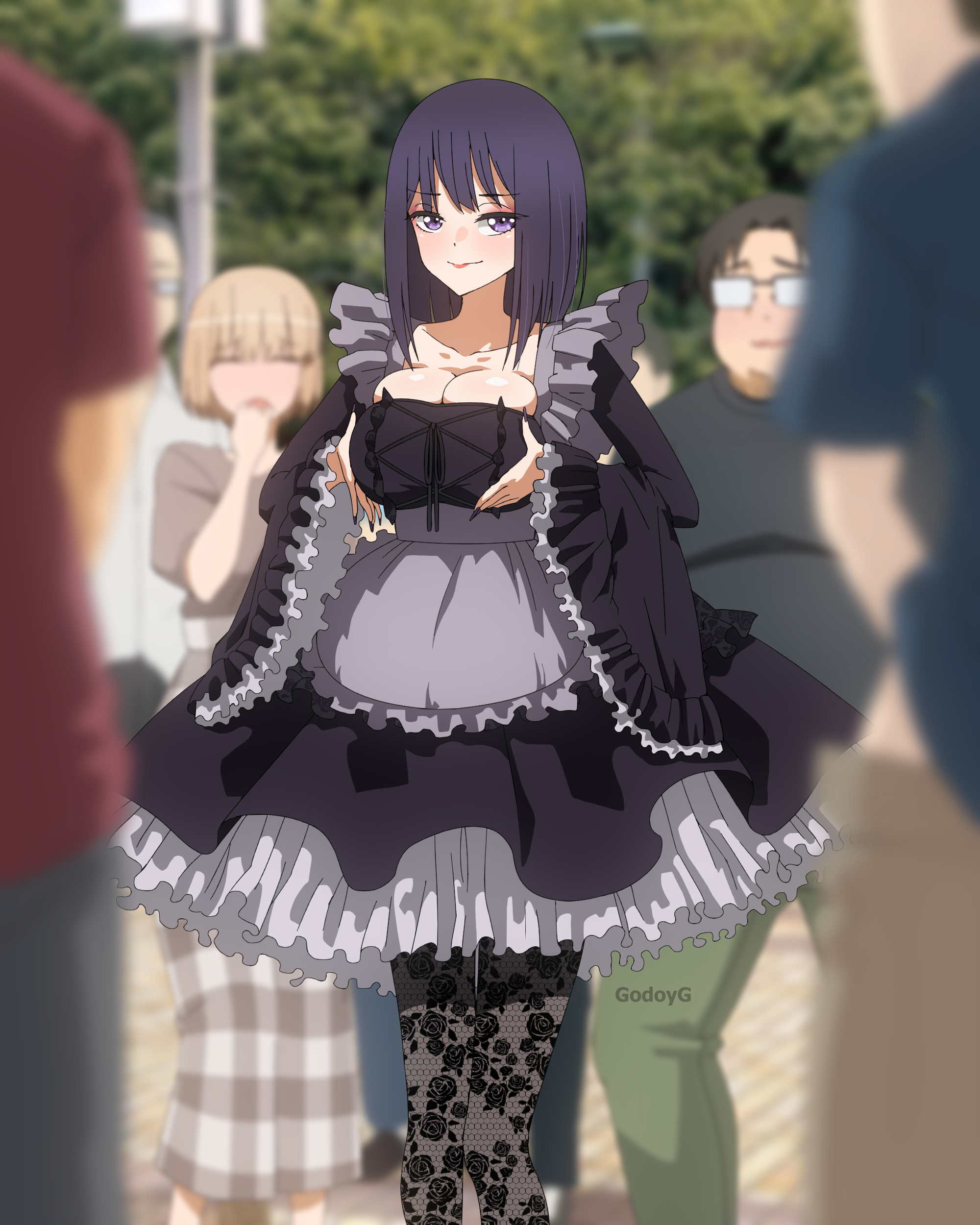 2girls, 4boys, absurdres, apron, black dress, black pantyhose, blurry, blurry background, blurry foreground, breasts, breasts squeezed together, cleavage, closed mouth, day, dress, felipe godoy, female, hands on own breasts, hands on own chest, highres, implied masturbation, kitagawa marin, kuroe shizuku (cosplay), lipstick, looking at viewer, makeup, male, male masturbation, masturbation, medium breasts, medium hair, multiple boys, multiple females, multiple girls, multiple males, outdoors, pantyhose, people, purple eyes, purple hair, red lips, smile, solo focus, sono bisque doll wa koi wo suru, waist apron