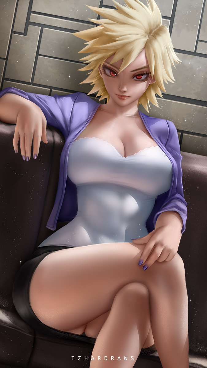 1girls alternate_version_available big_breasts black_skirt blonde_hair boku_no_hero_academia bottomwear breasts cleavage couch female female_only hair huge_breasts izhardraws legs_crossed lips looking_at_viewer mature mature_female mature_woman milf mitsuki_bakugou mother my_hero_academia nail_polish nails pencil_skirt purple_nail_polish purple_nails red_eyes skirt solo solo_female topwear