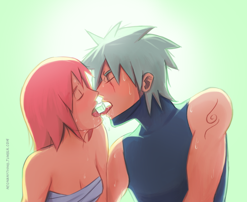 1boy 1girls bandaged_chest bare_shoulders closed_eyes female hatake_kakashi heat ice_cube licking male male/female naruto naruto_(series) naruto_shippuden neonanything older_male pink_hair sakura_haruno sleeveless_shirt straight summer sweat tattoo teacher_and_student tongue tongue_out tongues_touching younger_female