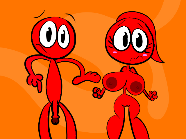 1boy 1girls 4:3 4_fingers big_breasts breasts cock duo eyelashes jelly looking_at_viewer nipples nude nude_female orange_background original_character penis pussy radtoons red_body red_nipples red_penis red_skin thick_thighs