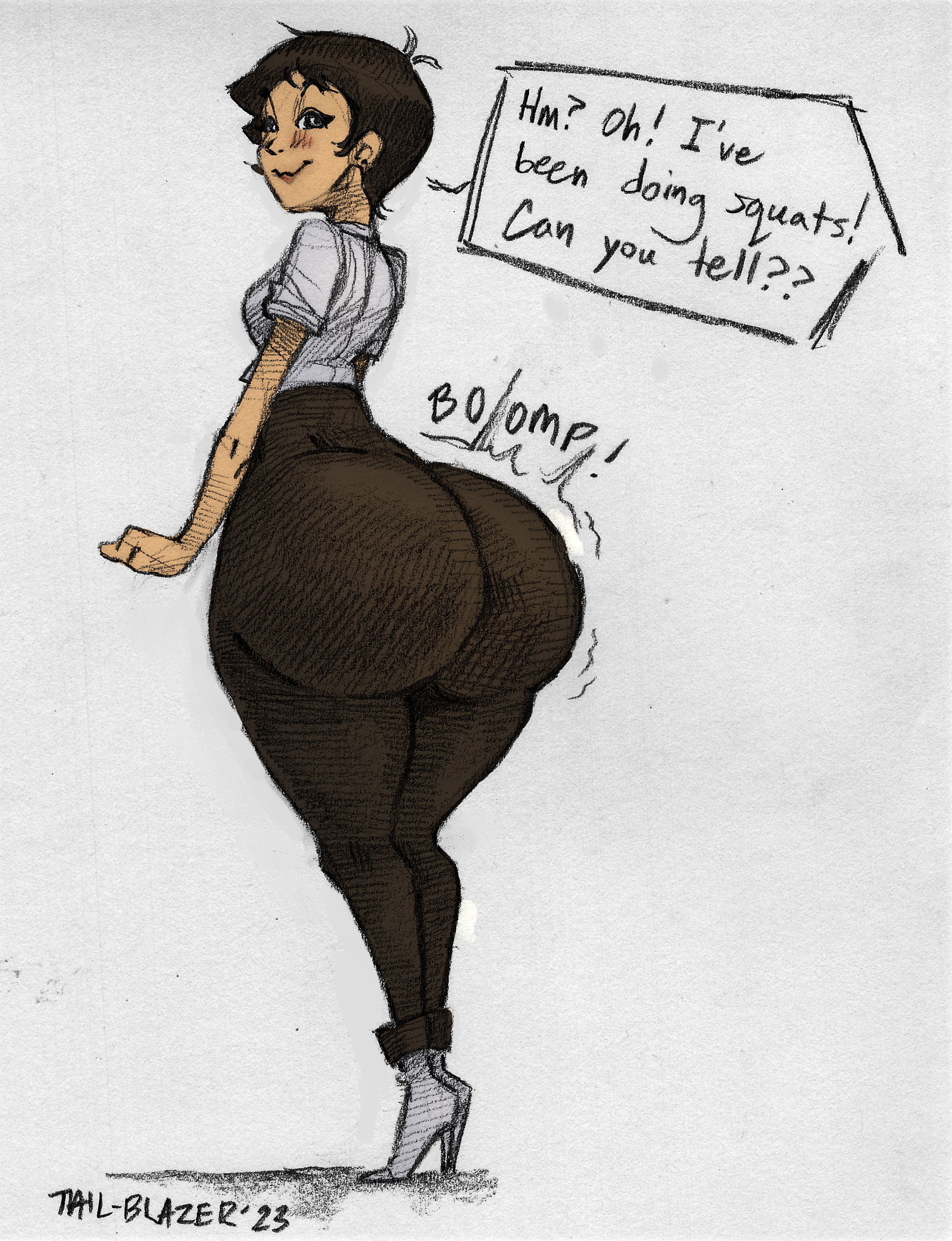 1girls, ass, big ass, big butt, bottom heavy, bragging, breasts, brown eyes, brown hair, bubble ass, color edit, colored, dark skin, dark-skinned female, dc, dc comics, female, female only, high heels, huge ass, huge butt, lois lane, lois lane (my adventures with superman), looking at viewer, my adventures with superman, onomatopoeia, paintmeanon, round ass, short hair, showing off, showing off ass, sketch, small breasts, smile, superman (series), tail-blazer, talking to viewer, thick ass, tight clothing, tight pants, tomboy