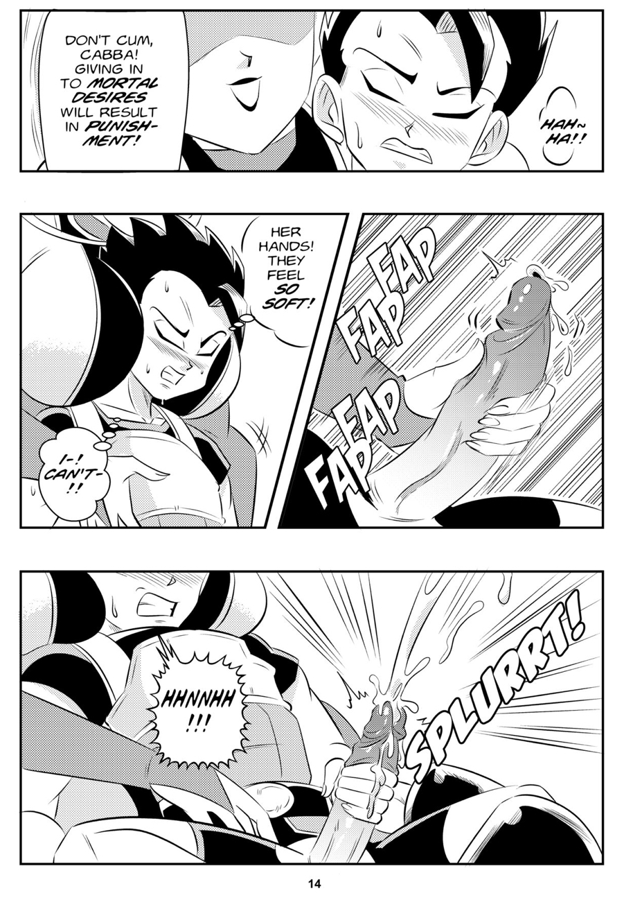 1boy 1girls angel_(dragon_ball) big_breasts big_penis black_and_white blush breasts cabba comic cumming dragon_ball dragon_ball_super funsexydragonball monochrome page_14 saiyan sweat vados