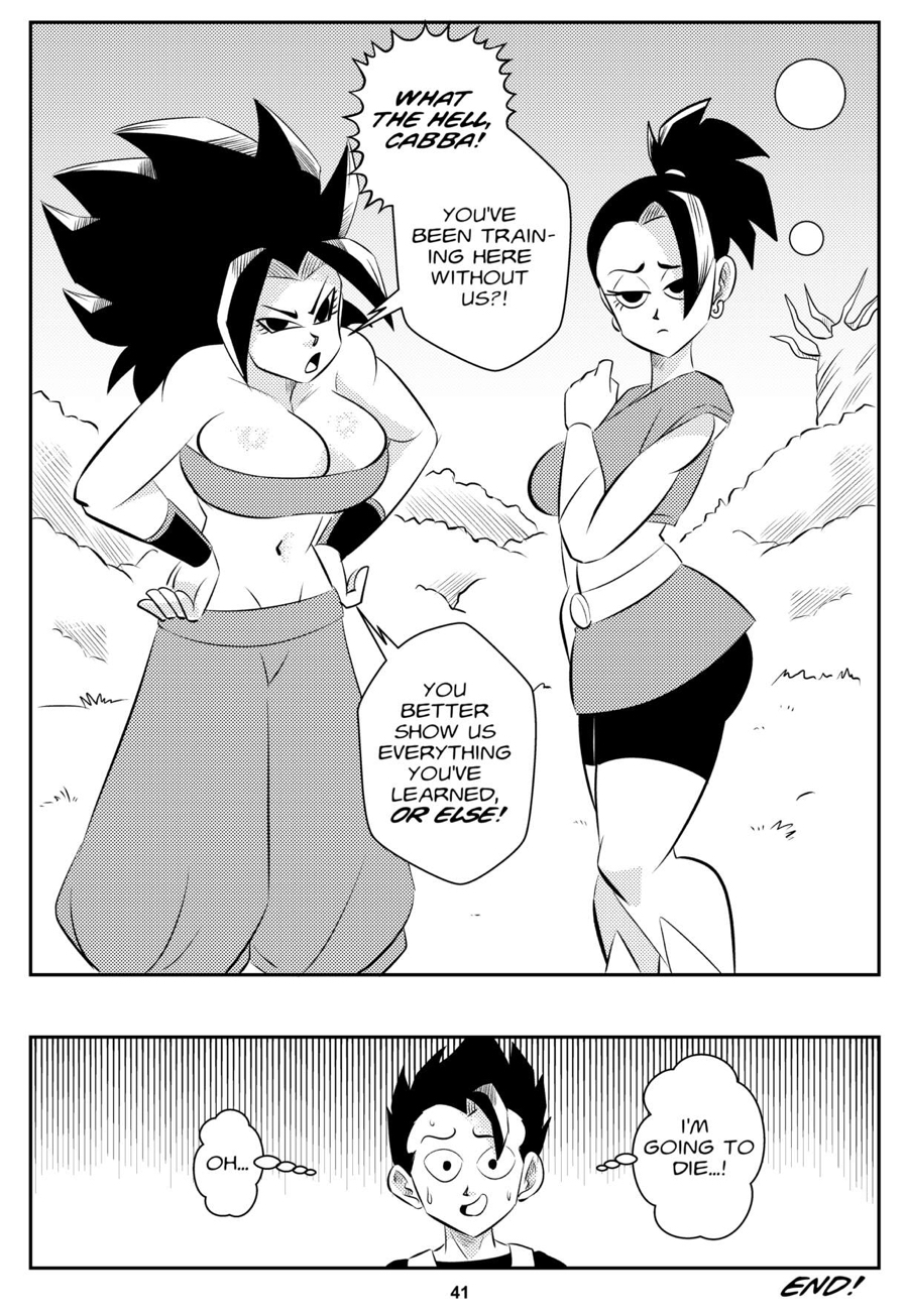 1boy 2girls bandeau big_breasts black_and_white breasts cabba caulifla cleavage comic dragon_ball dragon_ball_super earrings end_page english_text funsexydragonball kale monochrome page_41 saiyan