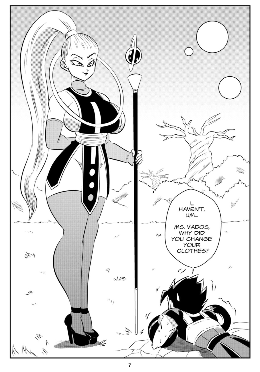 1boy 1girls angel_(dragon_ball) big_breasts black_and_white breasts cabba comic dragon_ball dragon_ball_super funsexydragonball high_heels holding_object long_legs looking_down monochrome on_the_ground page_7 ponytail sweating thighhighs vados weights