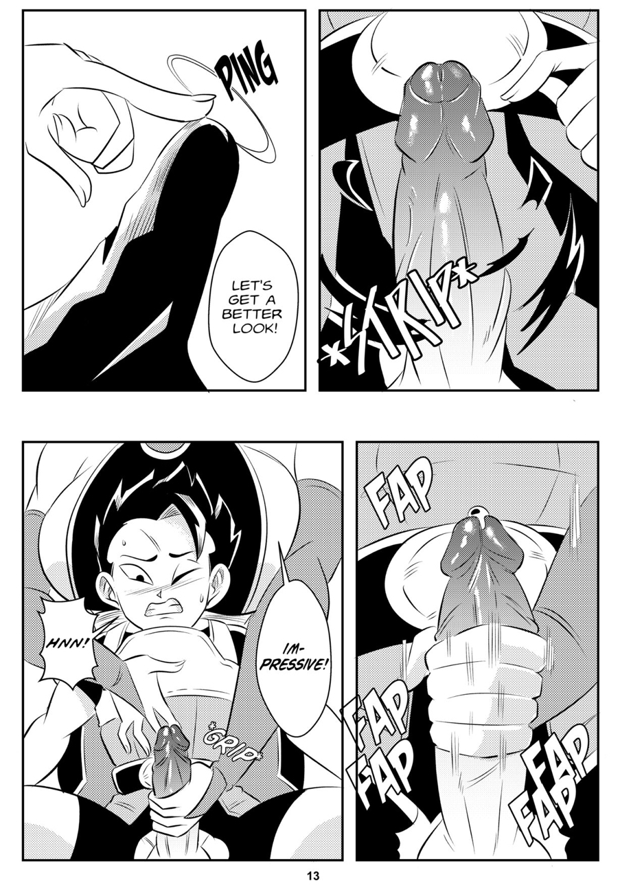 1boy 1girls angel_(dragon_ball) big_breasts big_penis black_and_white blush breasts cabba comic dragon_ball dragon_ball_super funsexydragonball jerkingoff_another monochrome one_eye_closed page_13 removing_clothing saiyan vados