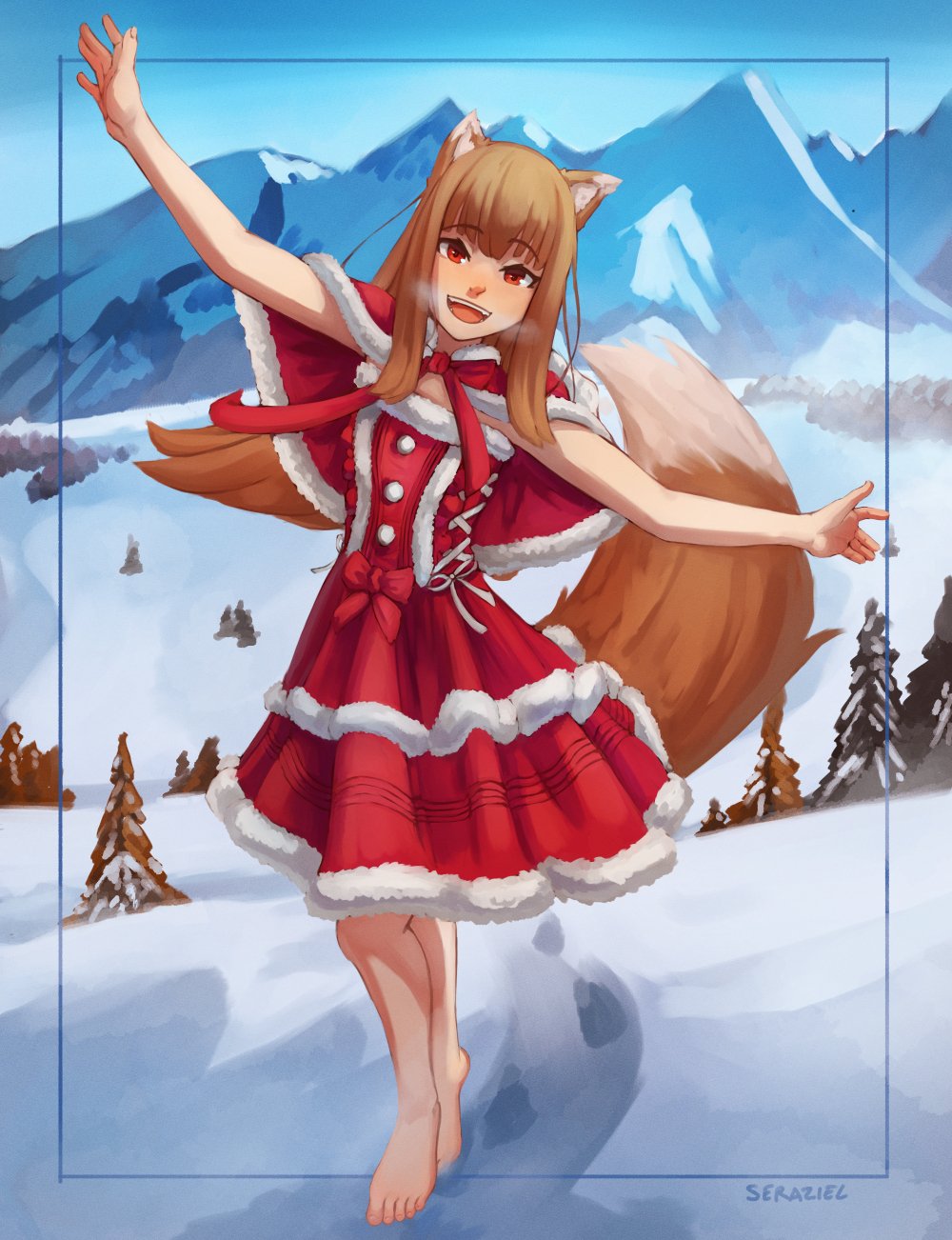 1girls animal_ears clothing female female_focus female_only fur_trim highres holo looking_at_viewer red_capelet red_clothing red_eyes red_ribbon ribbon seraziel sky solo solo_female spice_and_wolf tagme tail woman