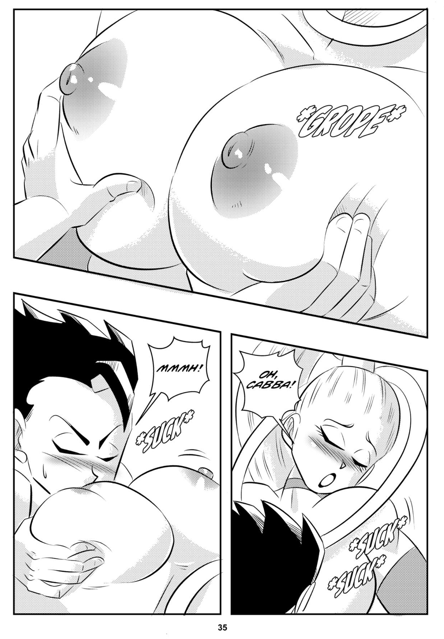 1boy 1girls angel_(dragon_ball) big_breasts black_and_white blush breasts cabba choker comic dragon_ball dragon_ball_super funsexydragonball grope monochrome nipples page_35 ponytail saiyan sucking sucking_nipples vados