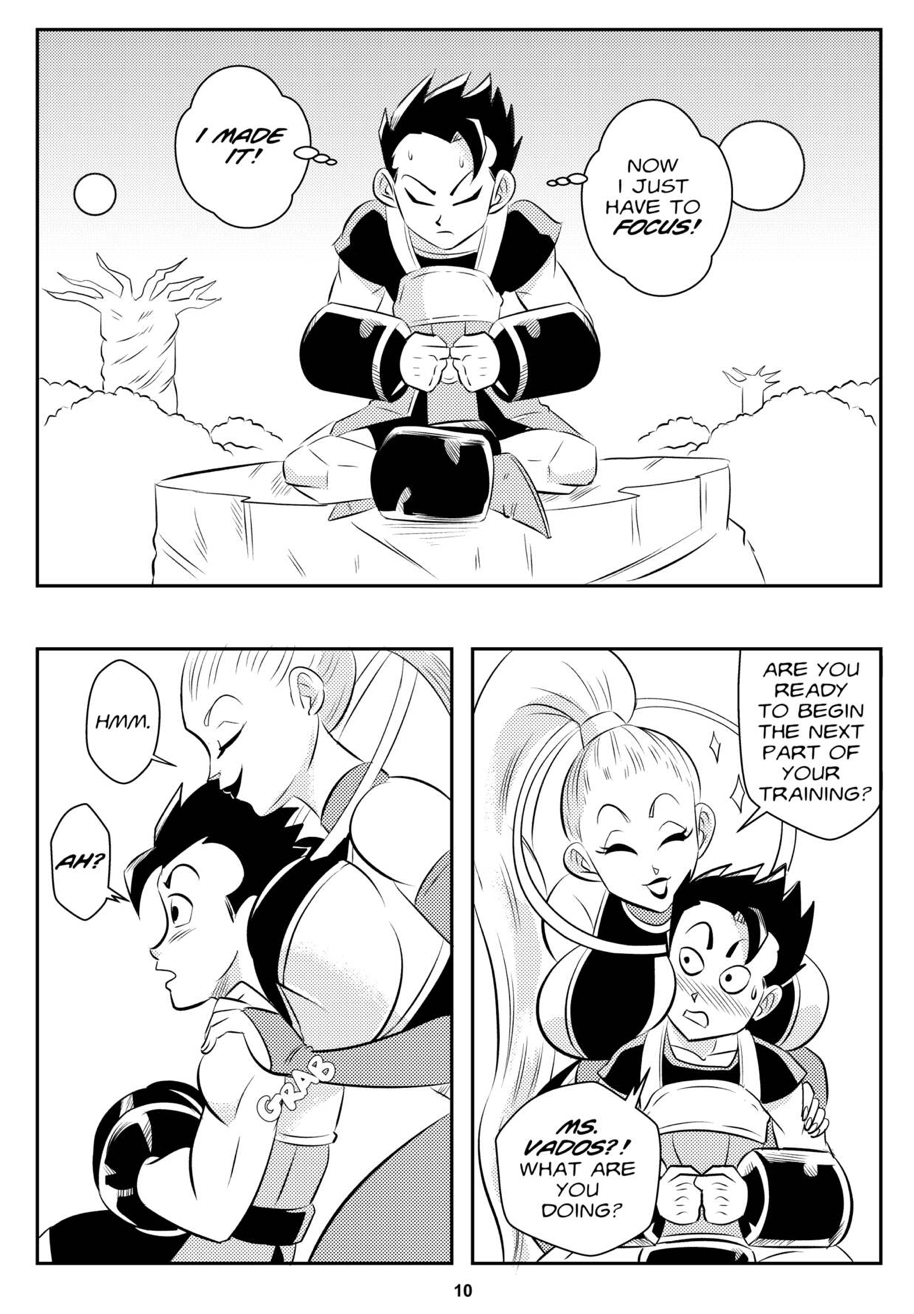 1boy 1girls angel_(dragon_ball) big_breasts bigger_female black_and_white blush breasts cabba comic dragon_ball dragon_ball_super english_text funsexydragonball grabbing_from_behind happy legs_crossed monochrome page_10 ponytail saiyan smaller_male vados weights