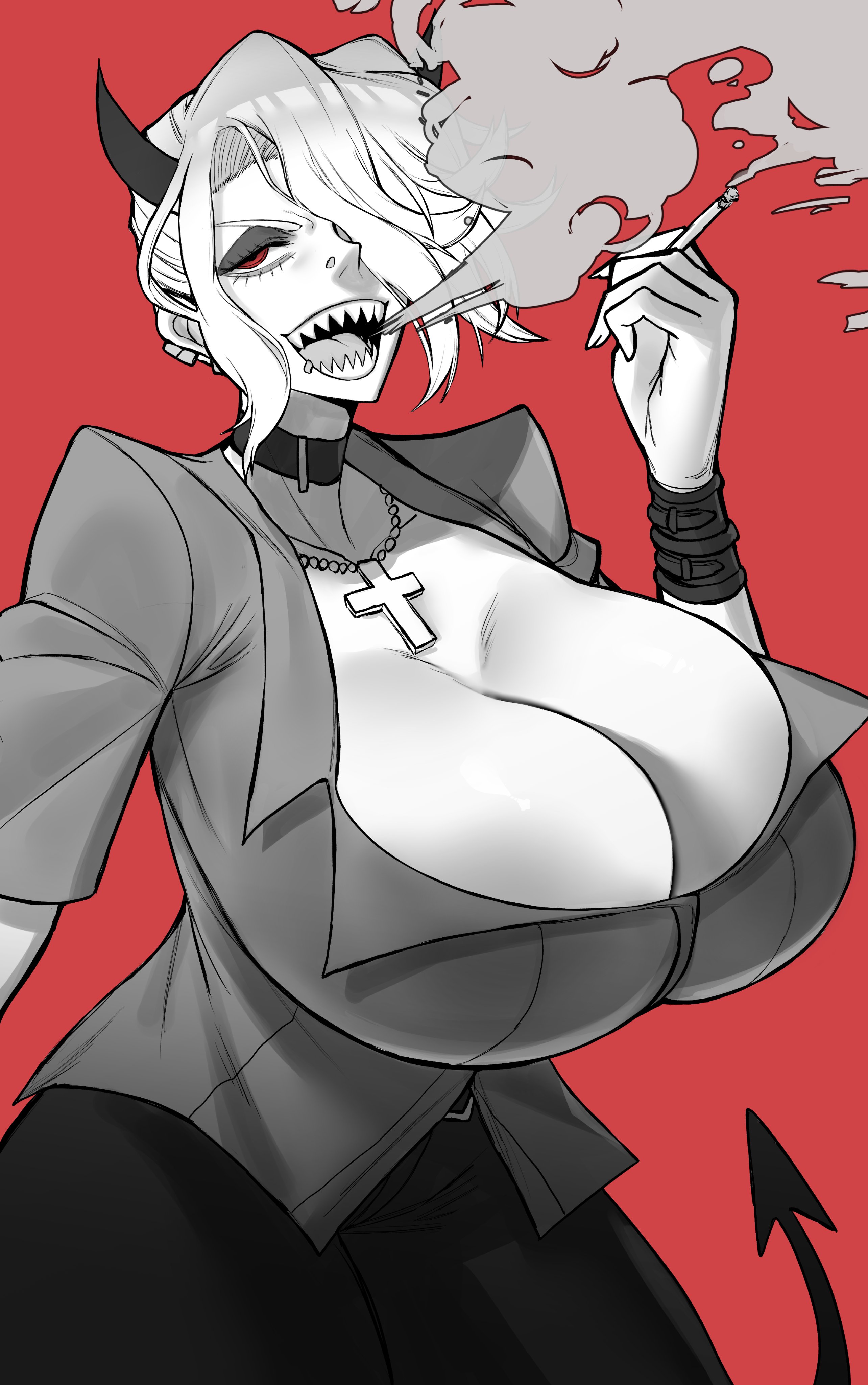 big breasts, breasts, cigarette, demon, demon girl, female, fukamichi, helltaker, huge breasts, partially colored, smoking, tagme, zdrada (helltaker)