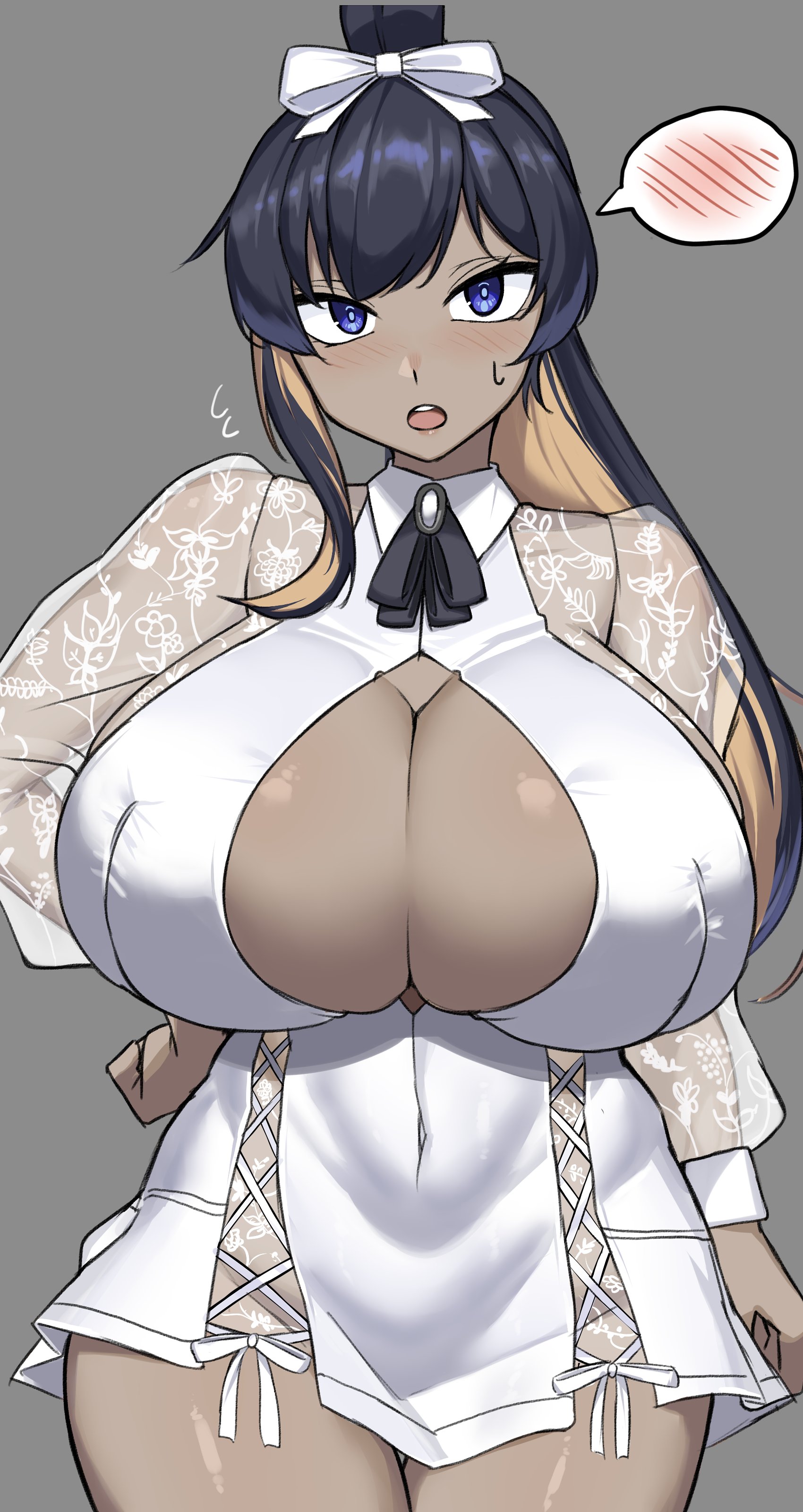 1girls, ascot, black hair, blush, breast focus, breasts, cleavage, cleavage cutout, clothing cutout, covered navel, cowboy shot, dark skin, dark-skinned female, dress, female, goddess of victory: nikke, goma., grey background, hi res, huge breasts, long hair, multicolored body, no panties, noise (cherry blossom stage) (nikke), noise (nikke), open mouth, ponytail, see-through, simple background, solo, speech bubble, teeth, thighs, tongue, white dress, yellow sclera