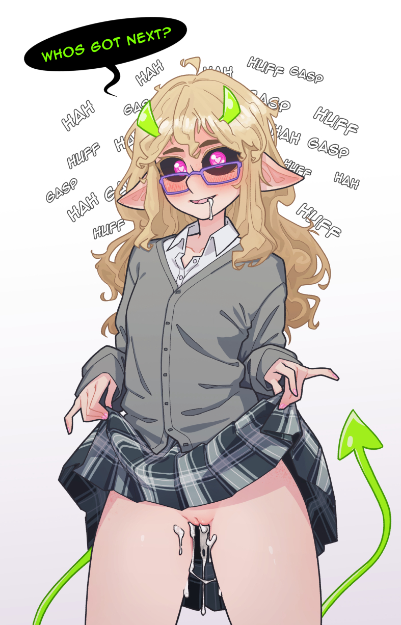 blush cum cum_drip cum_in_pussy drooling female glasses heart-shaped_pupils imminent_sex in_heat lifting_skirt no_panties pussy school_uniform sleeves_past_wrists solo succubus succubus_horns succubus_tail tagme the_pink_pirate thigh_gap