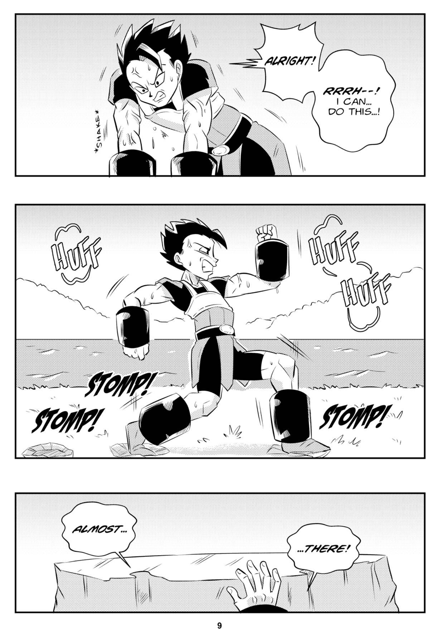 1boy black_and_white cabba comic dragon_ball dragon_ball_super funsexydragonball monochrome page_9 saiyan stomping sweating veins weights