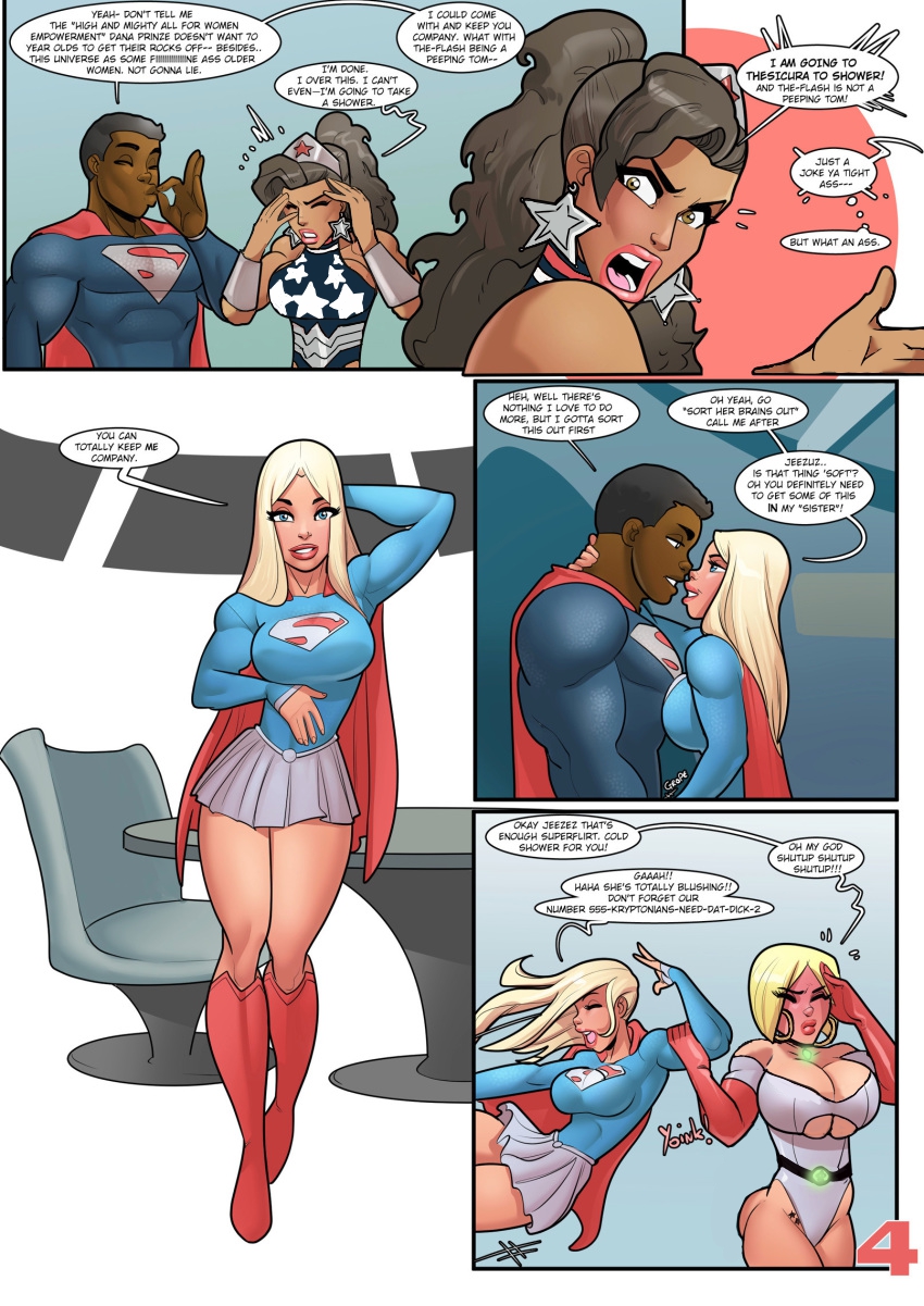 1boy 3girls amazon belt big_breasts bikini black_hair blonde_hair blue_eyes blush calvin_ellis choker cleavage clothed clothing comic dark-skinned_male dark_skin dc dc_comics dialogue diana_prince dick_sucking_lips earrings edit english_text female flirting huge_breasts interracial john_persons justice_league kara_zor-el kara_zor-l light-skinned_female long_hair male miniskirt multiple_girls muscular_male page_4 pleated_skirt ponytail power_girl rabies-t-lagomorph seductive short_hair skirt supergirl superman superman_(calvin_ellis) superman_(series) swimsuit tan_skin text themysciran voluptuous wonder_woman wonder_woman_(series)