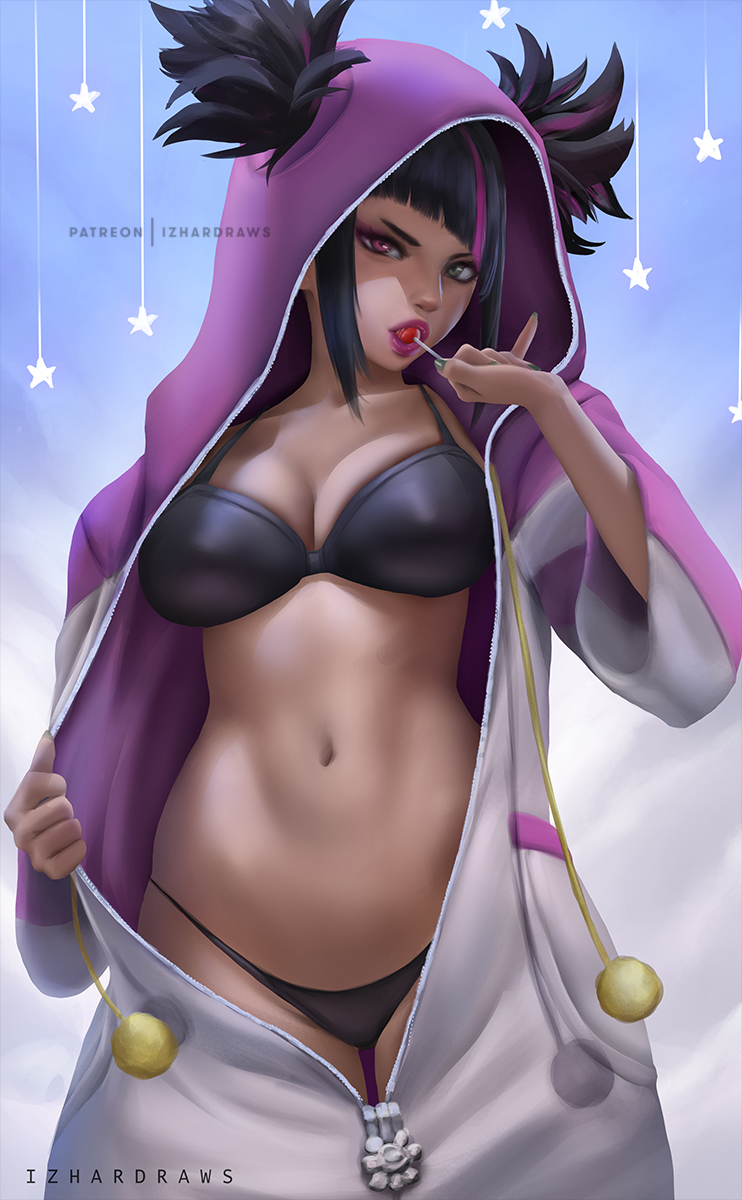 1girls big_breasts black_bra black_hair black_panties bottomwear bra breasts canonical_outfit capcom cleavage female female_only green_eyes hair heterochromia hips izhardraws juri_han lips lipstick lollipop lollipop_in_mouth onesie open_onesie open_pajamas pajamas pajamas_pull panties purple_eyes purple_lips purple_lipstick solo solo_female street_fighter tagme topwear two_tone_hair