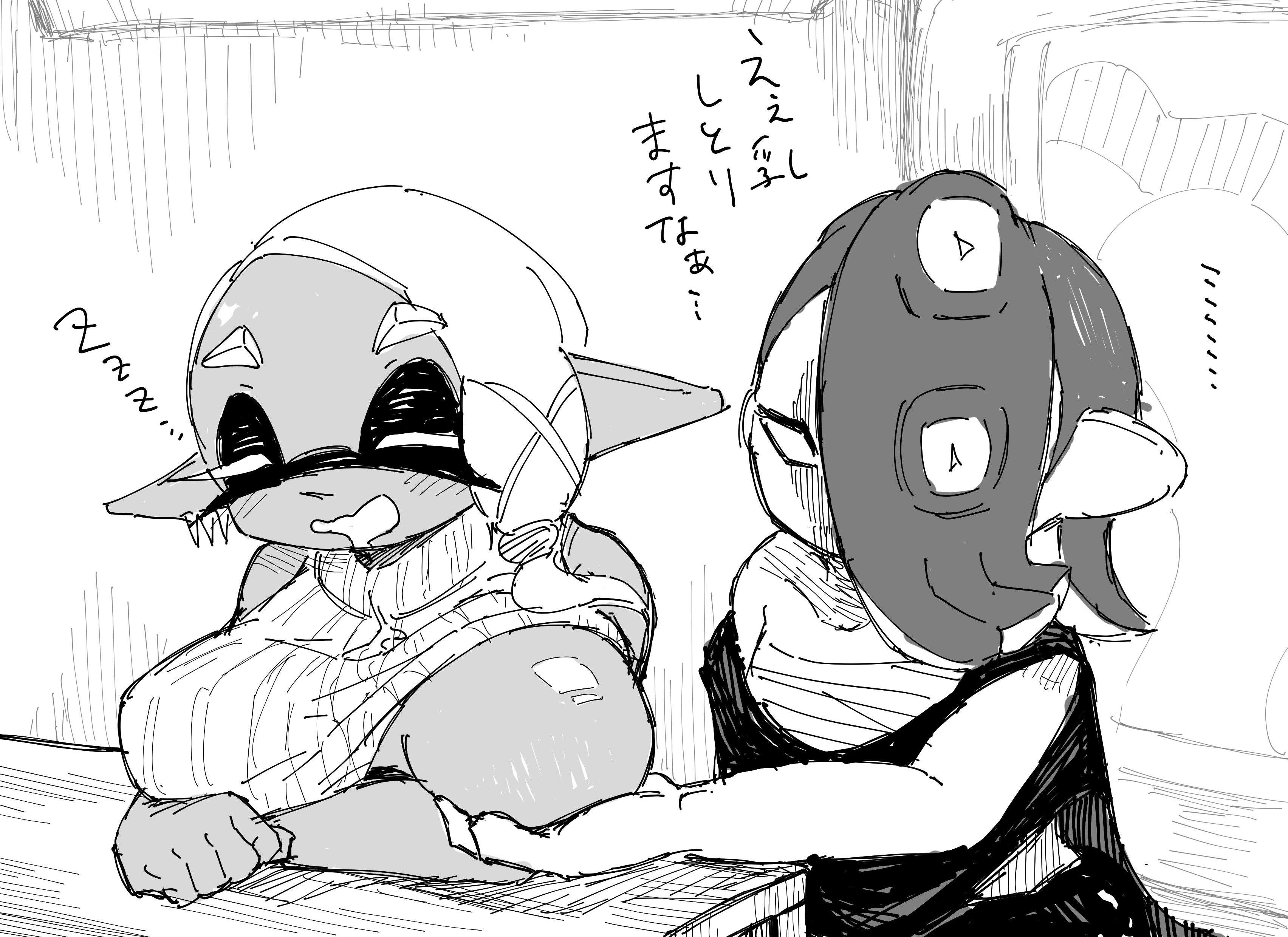 2girls, big breasts, breasts, female, frye (splatoon), holding breast, inkling, inkling girl, japanese text, large breasts, multiple females, multiple girls, nintendo, octoling, octoling girl, one breast out, sassan, shiver (splatoon), sleeping, splatoon, splatoon (series), splatoon 3, sweater lift, zzz