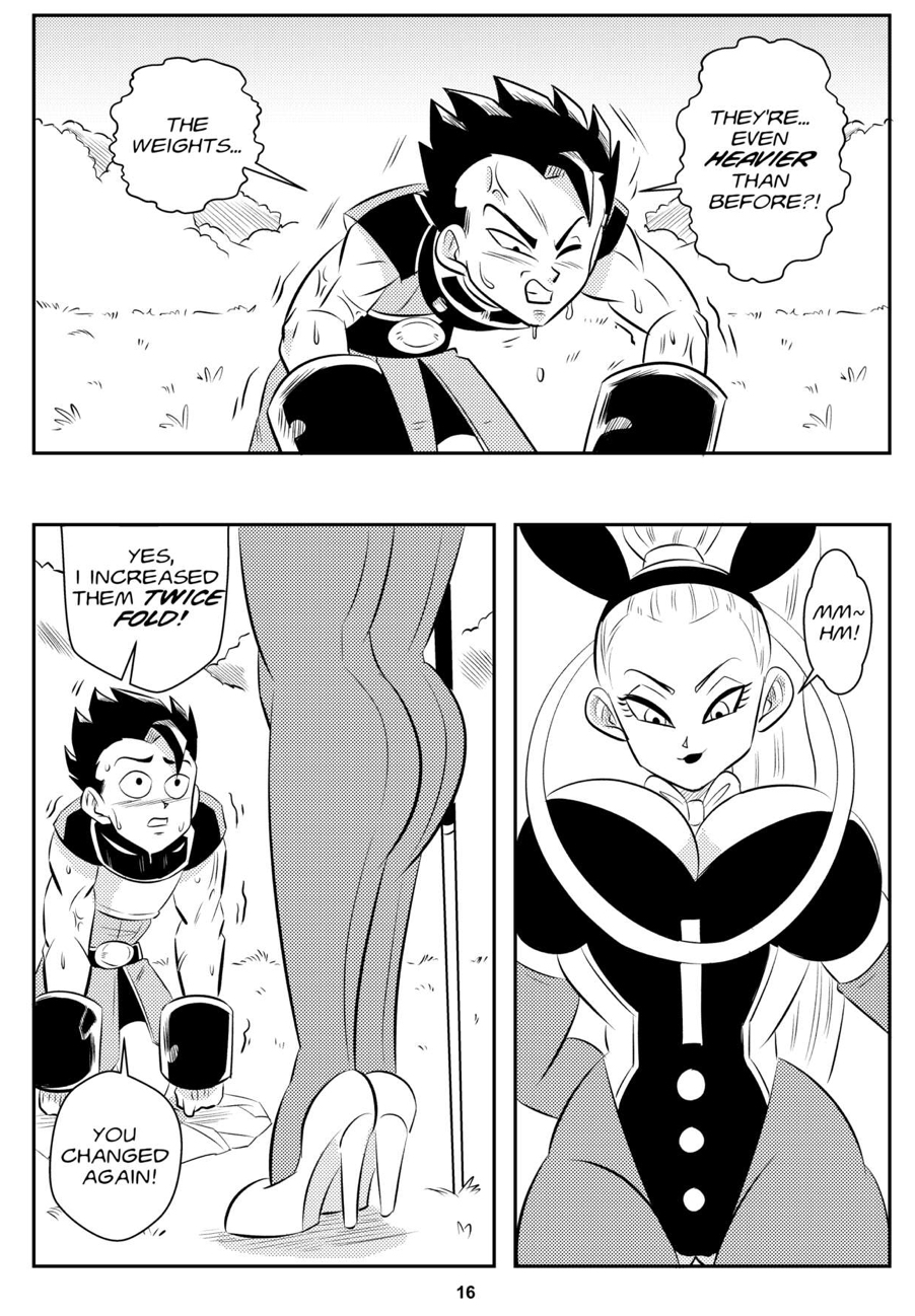 1boy 1girls angel_(dragon_ball) animal_ear_headwear big_breasts black_and_white blush breasts bunny_girl cabba comic dragon_ball dragon_ball_super funsexydragonball high_heels looking_up_at_partner monochrome page_16 ponytail saiyan skin_tight sweat vados veins weights