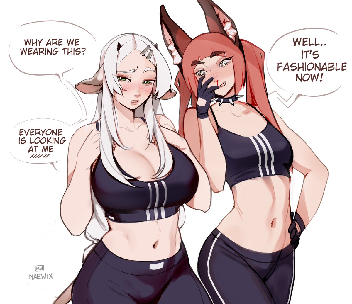 2girls animal_ears blush breast_awe breast_size_difference cleavage dialogue english_text female female_only gloves goat_ears goat_girl green_eyes hairclip hand_on_hip horns long_hair looking_at_breasts looking_at_viewer maewix1 medium_support_(meme) meme meme_attire muna_(maewix) narrowed_eyes nose_bleed red_hair short_horns smile sparkling_eyes speech_bubble spiked_collar sportswear tagme twintails white_background white_hair