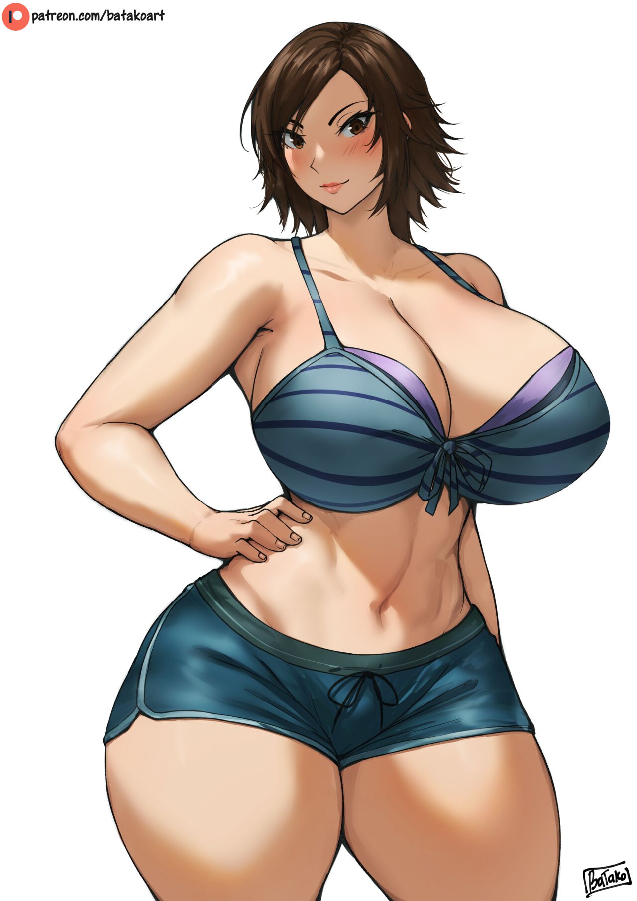 1girls, 2d, 2d (artwork), alternate breast size, artist signature, batako, batako (batakoart), batako1812, big breasts, bikini, blue bra, blue shorts, blush, bra, breasts, brown eyes, brown hair, brunette, dolphin shorts, female, hand on own hip, huge breasts, kazama asuka, large breasts, light skin, light-skinned female, looking at viewer, navel, pants, patreon logo, patreon username, short hair, shorts, simple background, smile, solo, standing, swimsuit, tekken, thick thighs, thighs, tomboy, tummy, underwear, white background, wide hips