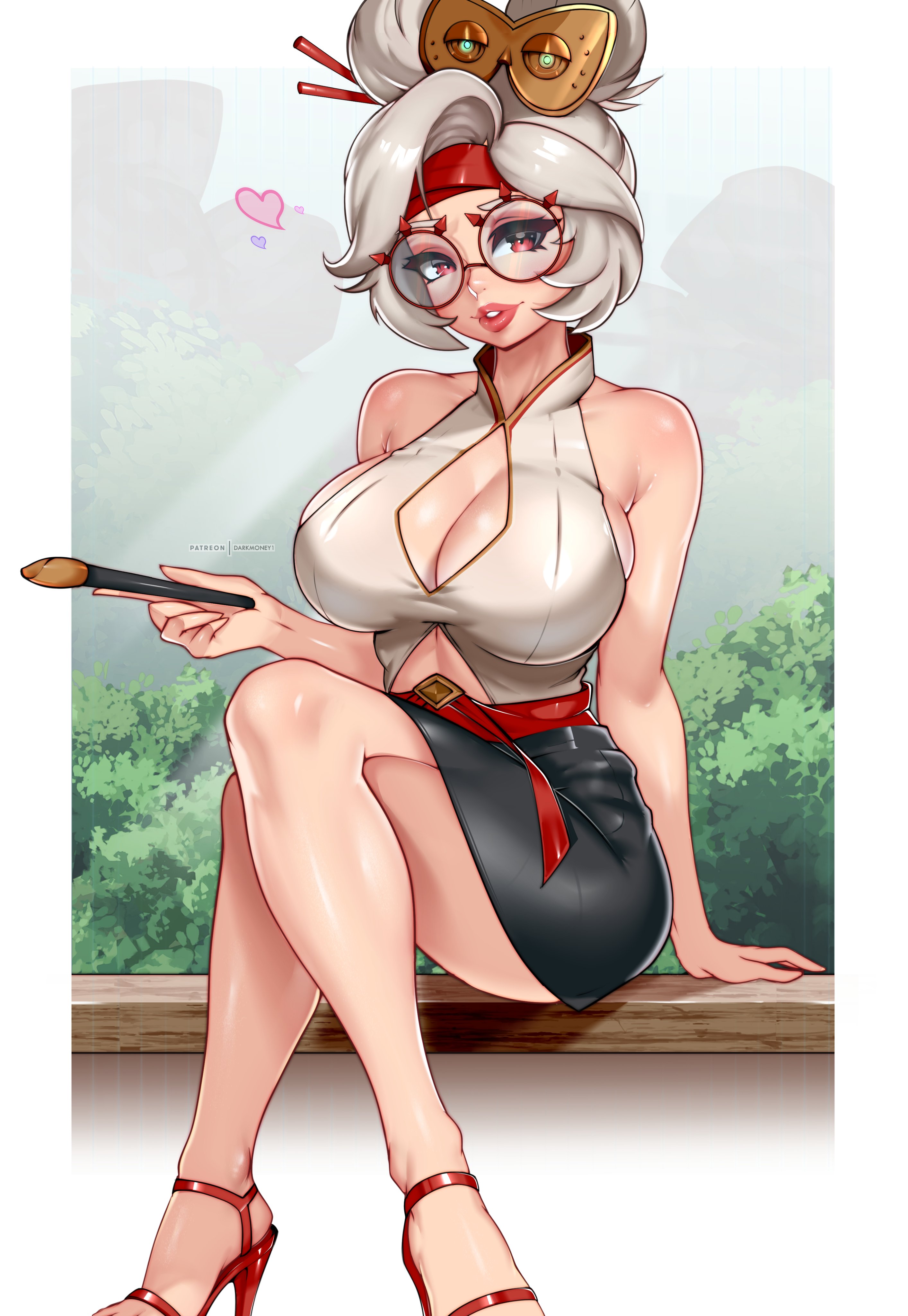 1girls, big breasts, big lips, black skirt, bottomwear, breasts, cleavage, clothing, darkmoney1, eyeshadow, eyewear, female, female only, footwear, glasses, hair, hair ornament, heart, heels, high heels, huge breasts, legs, legs crossed, lips, lipstick, makeup, nintendo, pencil skirt, purah, purah (tears of the kingdom), red eyes, red eyeshadow, red lipstick, red makeup, skirt, solo, solo female, tears of the kingdom, the legend of zelda, thick lips, thighs, topwear, white hair