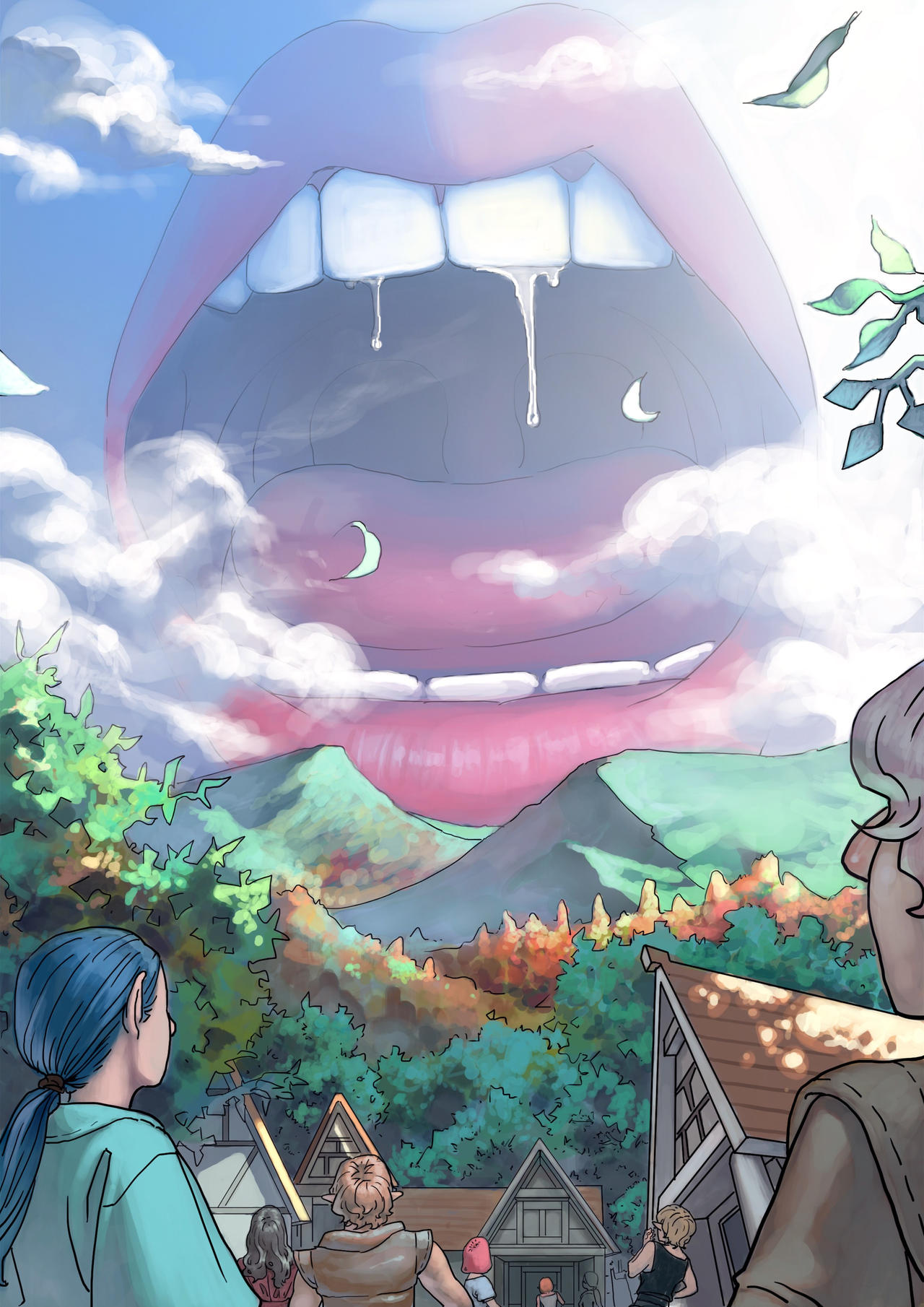 atmosphere atmospheric bird city cloud daytime destruction deviantart drawing earth forest giantess leaves lips macrophilia mountains mouth open_mouth perspective planet pov saliva saliva_drip shrunk shrunken teeth tongue tree unaware village vore