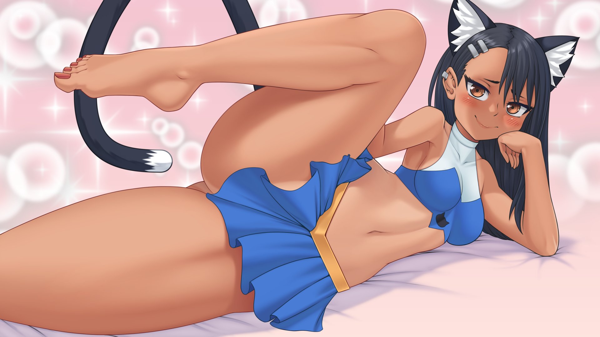 1girls, bed, black hair, breasts, brown eyes, cat ears, cat girl, cat tail, catgirl, clothed, clothing, earrings, female, female focus, female only, hayase nagatoro, hi res, highres, long hair, looking at viewer, lying on bed, lying on side, navel, on bed, on side, partially clothed, please don't bully me, nagatoro, pose, revealing clothes, rocky-ace, simple background, small breasts, smile, solo, tan, tan body, tan skin, tan-skinned female, tanline, tanned, tanned female, thick thighs, wide hips