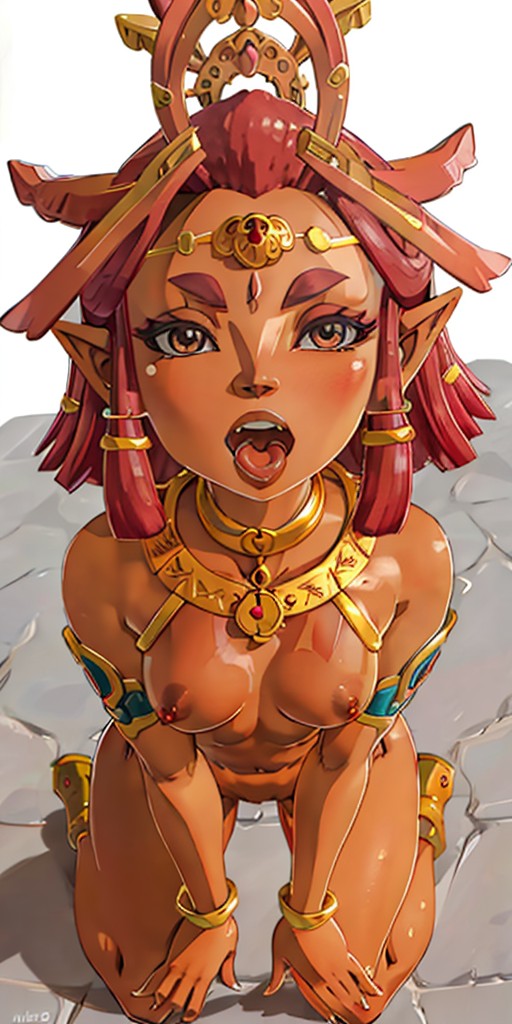 ai generated, breasts, breath of the wild, female, gerudo, looking up, riju, sitting on knees, small breasts, tears of the kingdom, the legend of zelda, waiting, yodayo