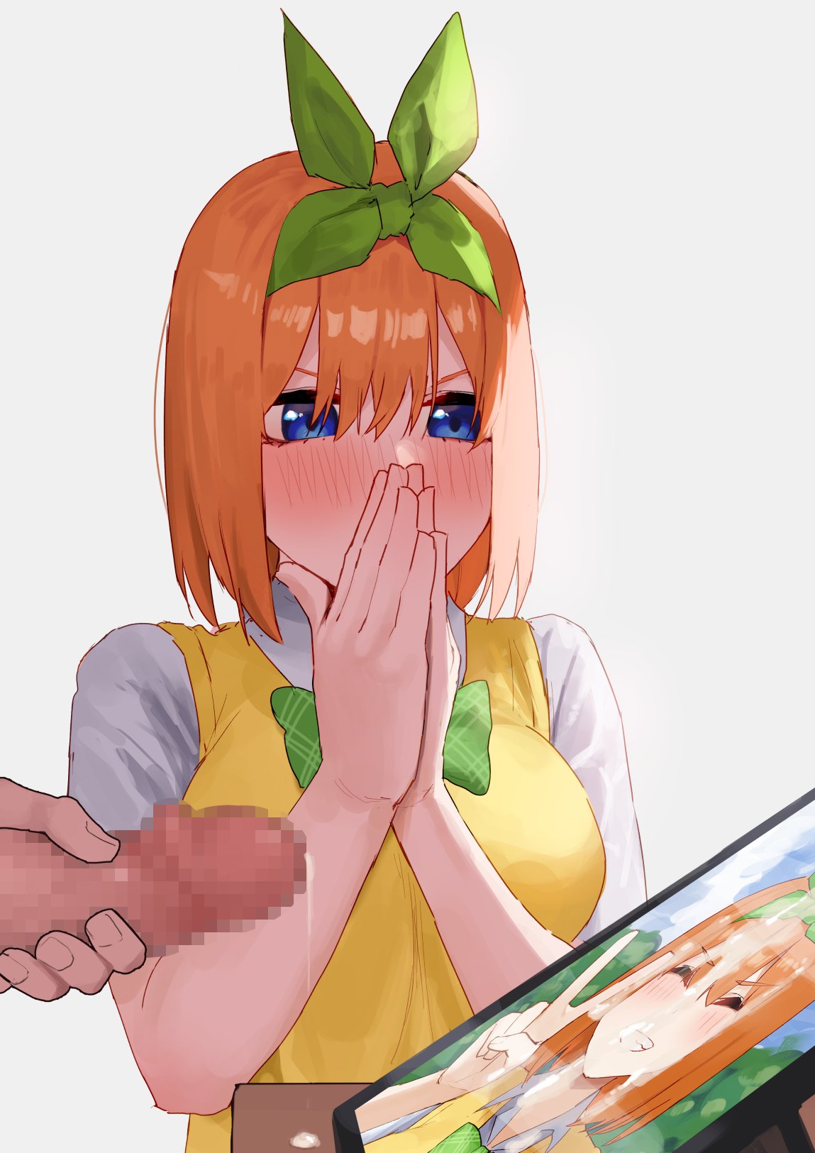 1boy amog blue_eyes blush bob_cut bow breasts censored collared_shirt commentary_request cum cum_on_object cum_on_photo cum_on_picture cum_on_portrait cum_tribute ejaculation female go-toubun_no_hanayome green_bow green_hairband green_ribbons hair_between_eyes hair_ribbon hairband hands_on_own_face highres large_breasts male_masturbation masturbation medium_hair mosaic_censoring nakano_yotsuba orange_hair penis photo_(object) ribbon school_uniform shirt simple_background sweater sweater_vest white_background white_shirt yellow_sweater yellow_sweater_vest