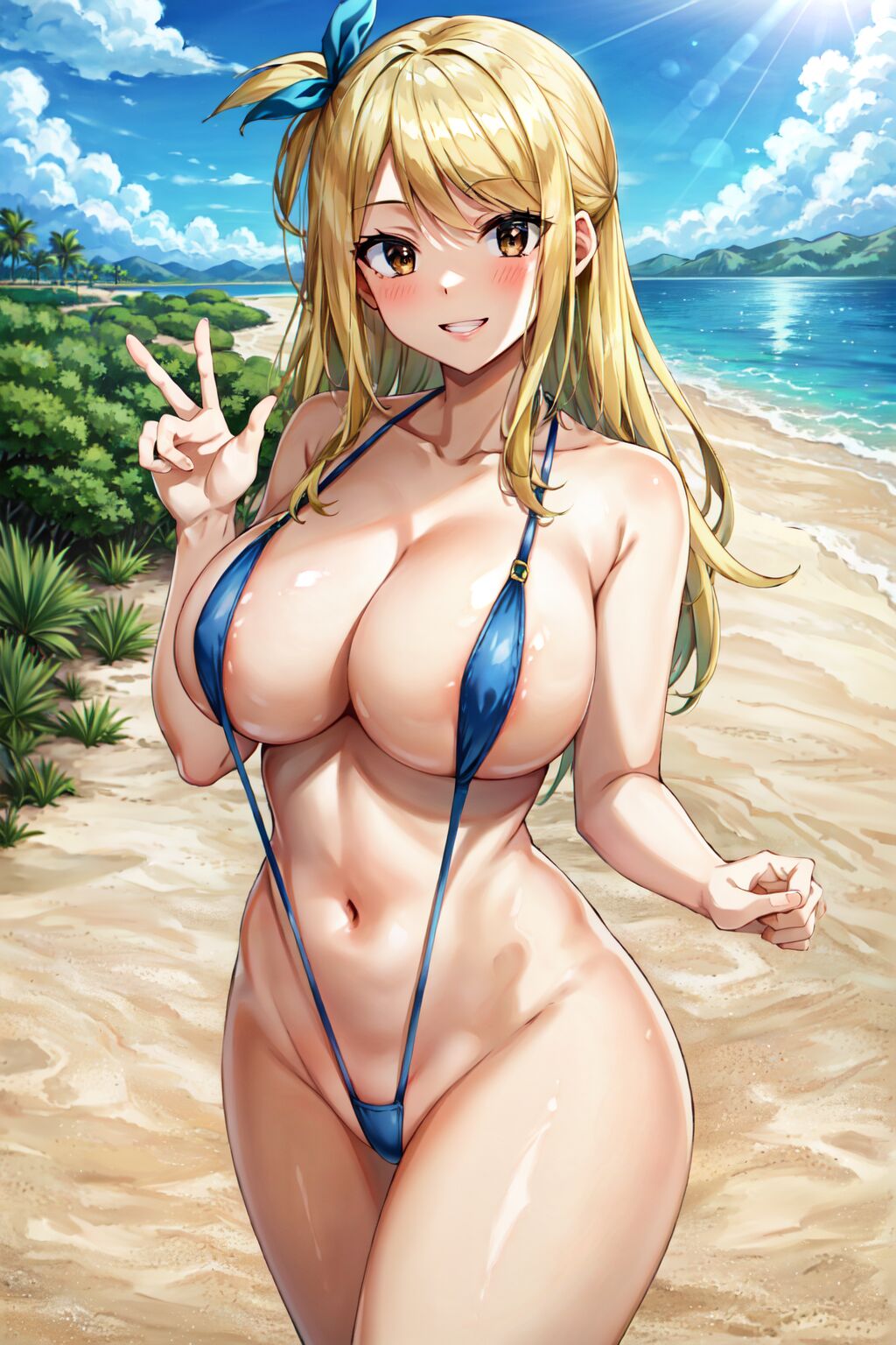 1girls, ai generated, beach, big breasts, bikini, blonde hair, blush, breasts, fairy tail, female, female only, huge breasts, long hair, looking at viewer, lucy heartfilia, sling bikini, smile, thick thighs, wide hips