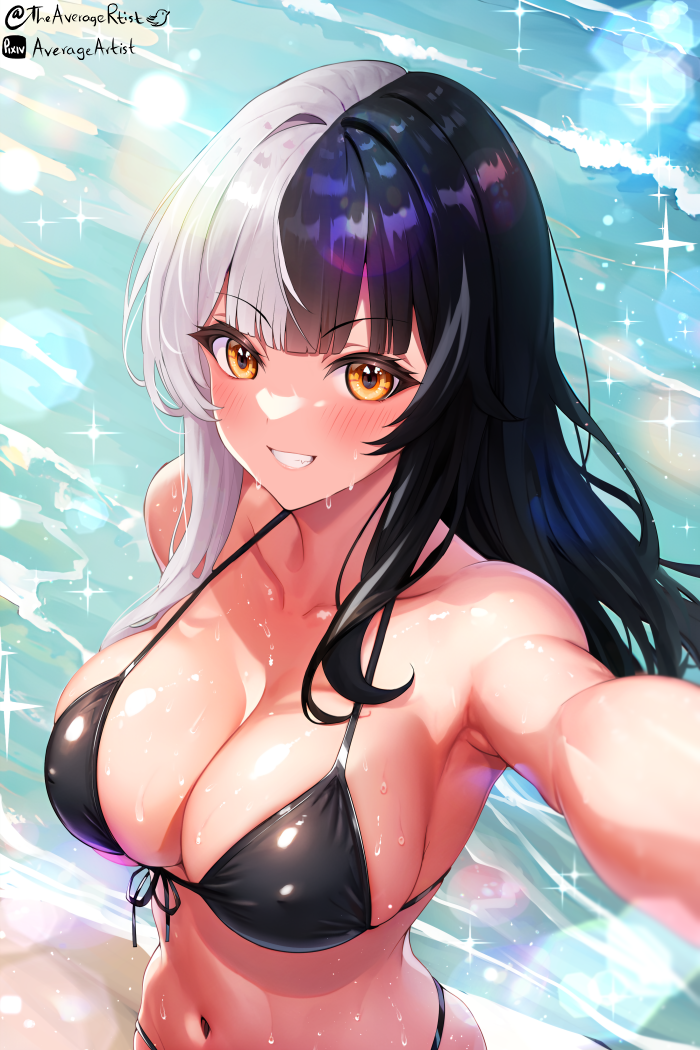 1girls, beach, big breasts, bikini, black bikini, black hair, blush, breasts, cleavage, female, halterneck, hololive, hololive english, hololive english -advent-, large breasts, light skin, light-skinned female, long hair, looking at viewer, multicolored hair, navel, sand, shiori novella, smile, solo, split-color hair, string bikini, swimsuit, virtual youtuber, water, wet, white hair, yellow eyes, yoko-chan (averageartist/frqz bijutsu)