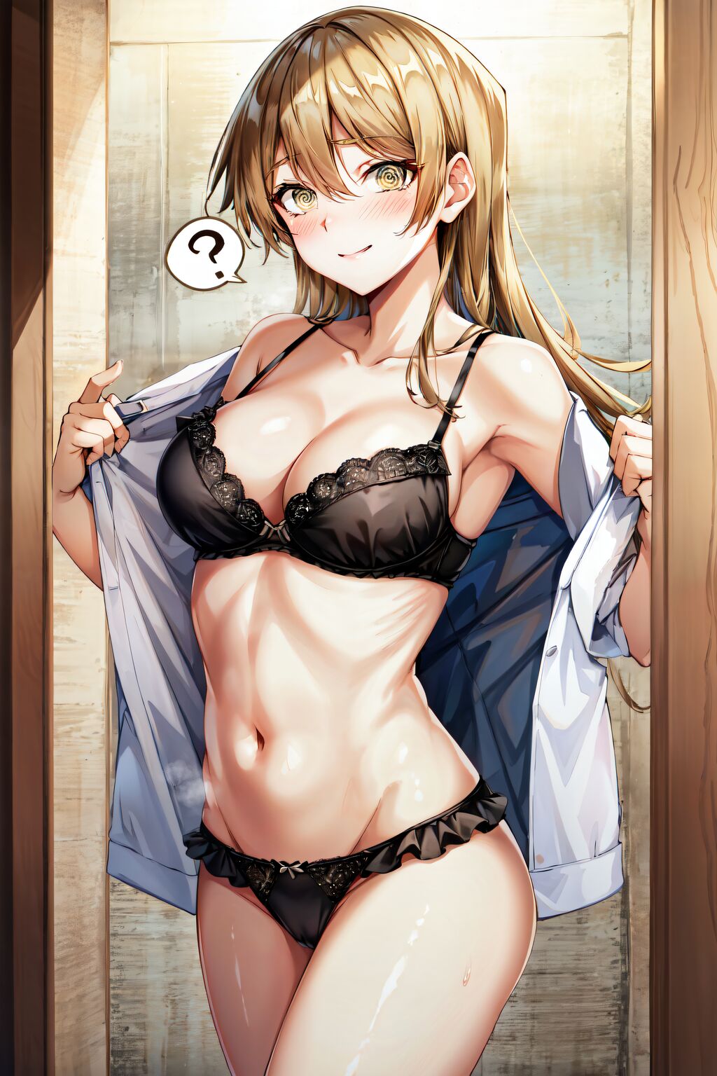 ai generated, alexis rhodes, blonde hair, blush, bra, brainwashing, female, half naked, half-dressed, hypnosis, long hair, mind control, panties, smile, standing, underwear, yu-gi-oh!, yu-gi-oh! gx
