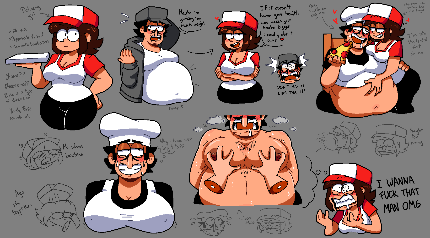 artist_request belly_grab big_belly big_breasts big_pecs blush breast_squeeze breast_sucking breasts cartoony chef chef_hat chubby chubby_male confident_smile delivery_girl disembodied_hands doodle drooling exaggerated fan_character fat_male feeding female hairy hairy_belly hairy_chest hairy_male hand_on_belly hand_on_breast hand_on_pecs heart hearts_around_head huge_breasts huge_pecs male male/female male_focus moob_grab moobs nervous nervous_smile nervous_sweat nipples nipples_visible_through_clothing oc_x_canon original_character peppino_spaghetti pizza pizza_box pizza_tower sweat sweatdrop text text_bubble unrealistic_proportions