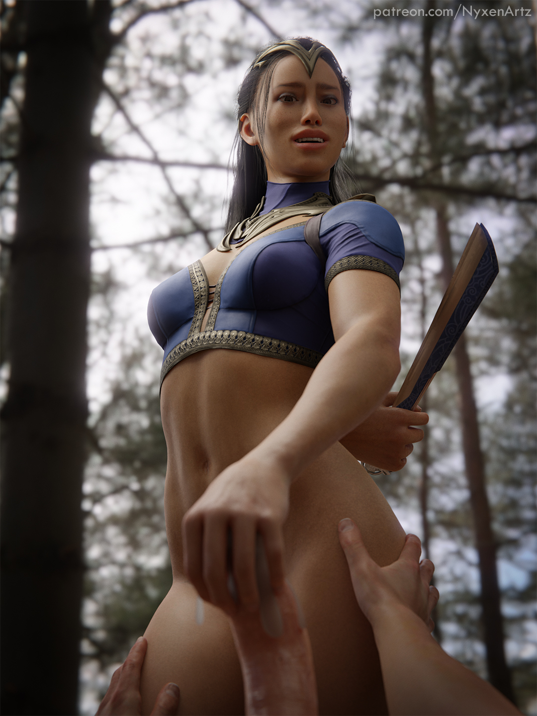 abs, ass, ass grab, bottomless, cum, ejaculation, fan, female, fit, fit female, groping, half-dressed, handjob, kitana, kitana (new era), light skin, light-skinned male, looking at viewer, male, mortal kombat, mortal kombat 1 (2023), nyxenartz, outdoors, smile, smiling, smiling at viewer