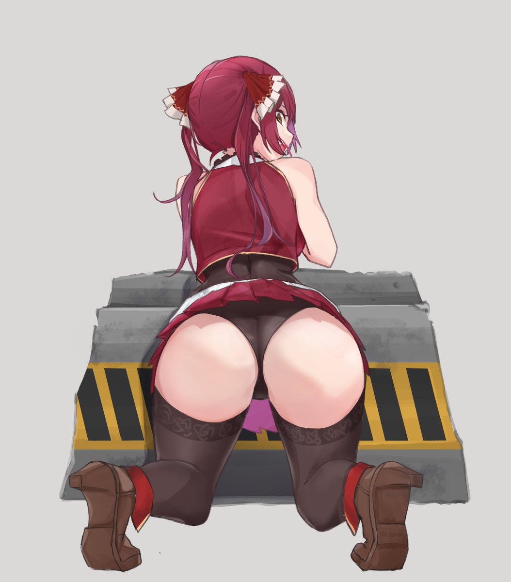 ass, black leotard, female, from behind, full body, grey background, high heels, highres, hololive, hololive fantasy, hololive japan, houshou marine, kinoshita niko, kneeling, leotard, looking back, miniskirt, open mouth, panties, pantyshot, pleated skirt, red hair, red skirt, skirt, thighhighs, twintails, underwear, virtual youtuber, yellow eyes