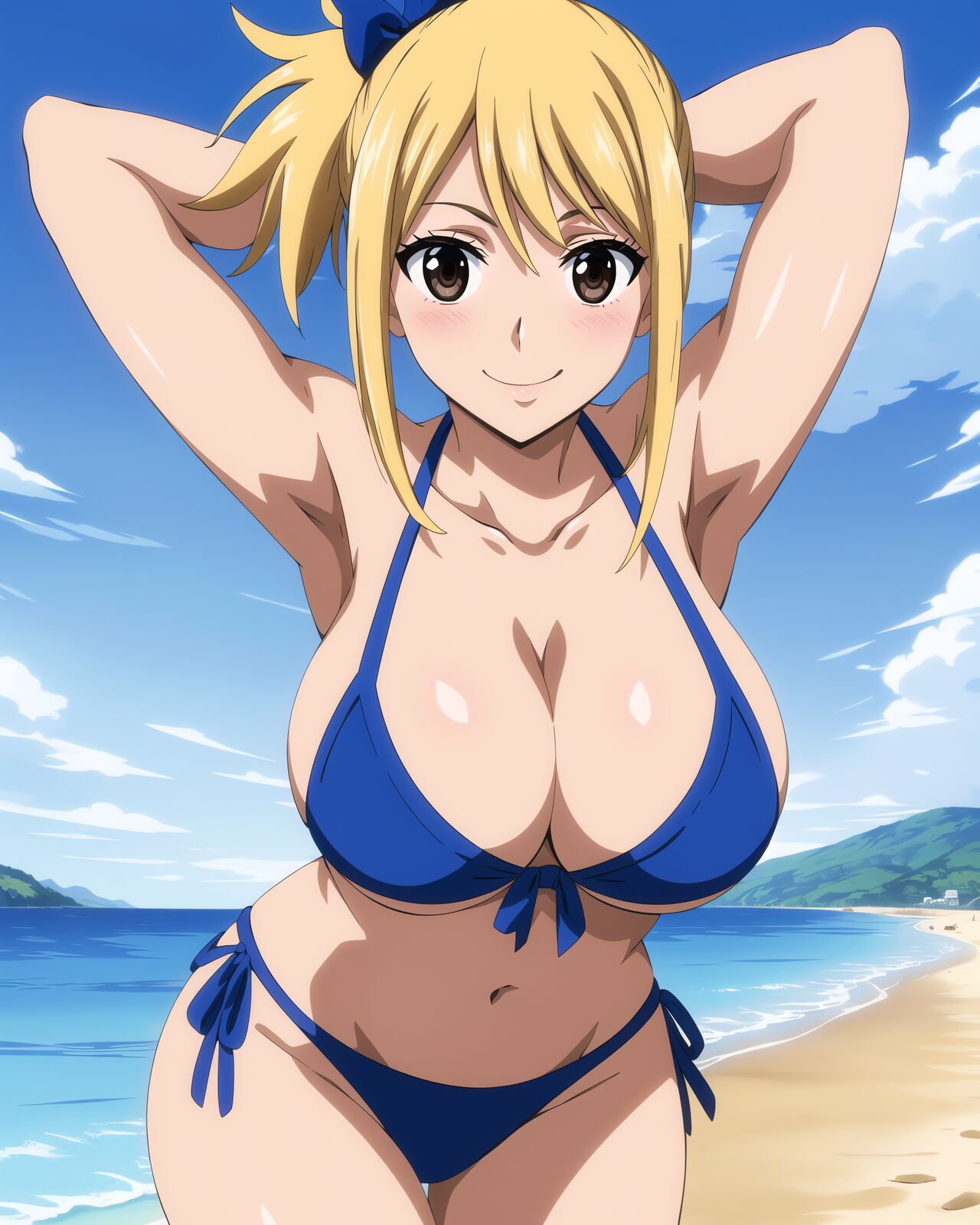 ai generated, beach, bikini, blonde hair, blue bikini, blush, brown eyes, fairy tail, female, hands behind head, lucy heartfilia, smile, water